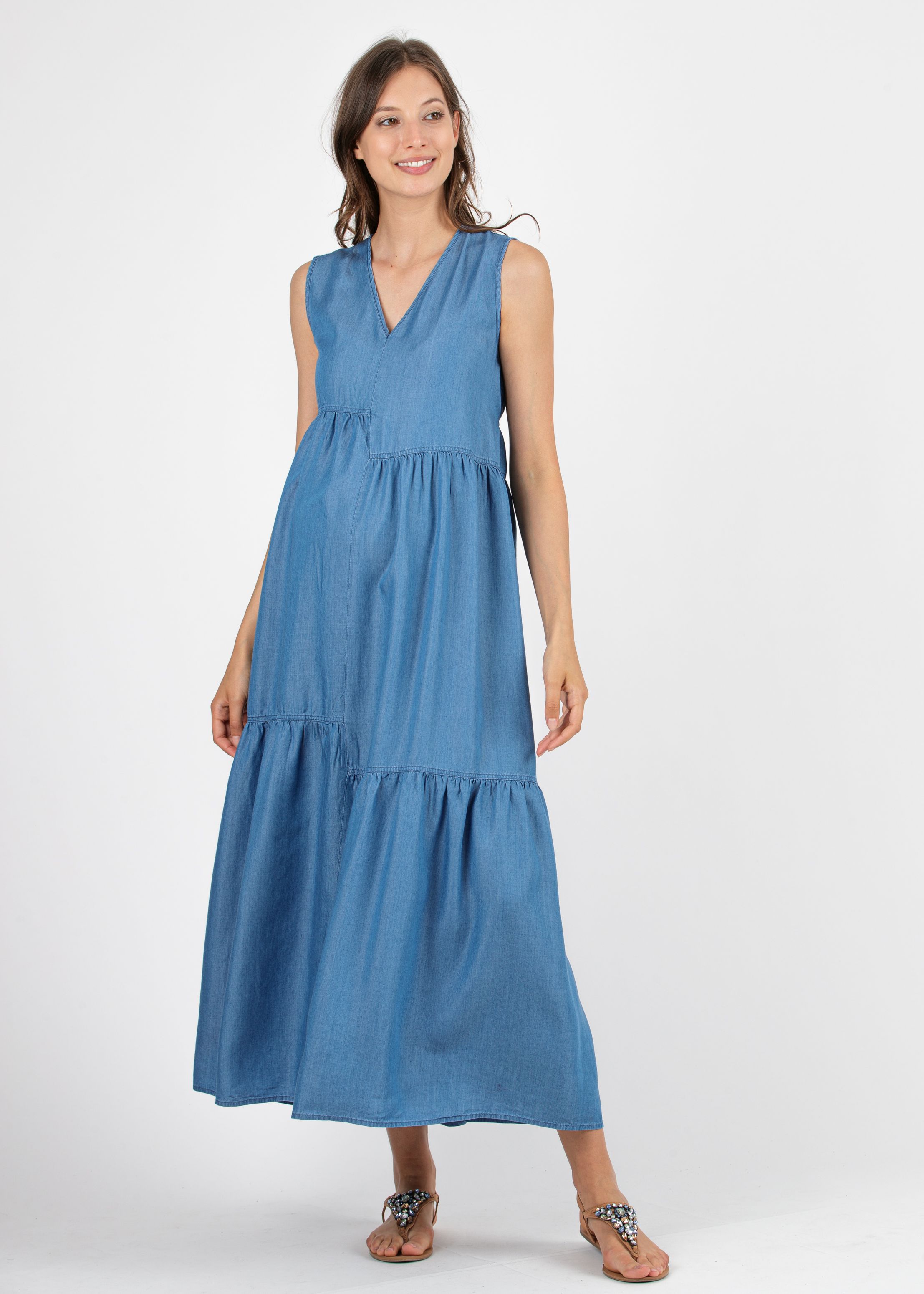 Abito Lungo Premaman in Tencel con Balze (Denim, XS)