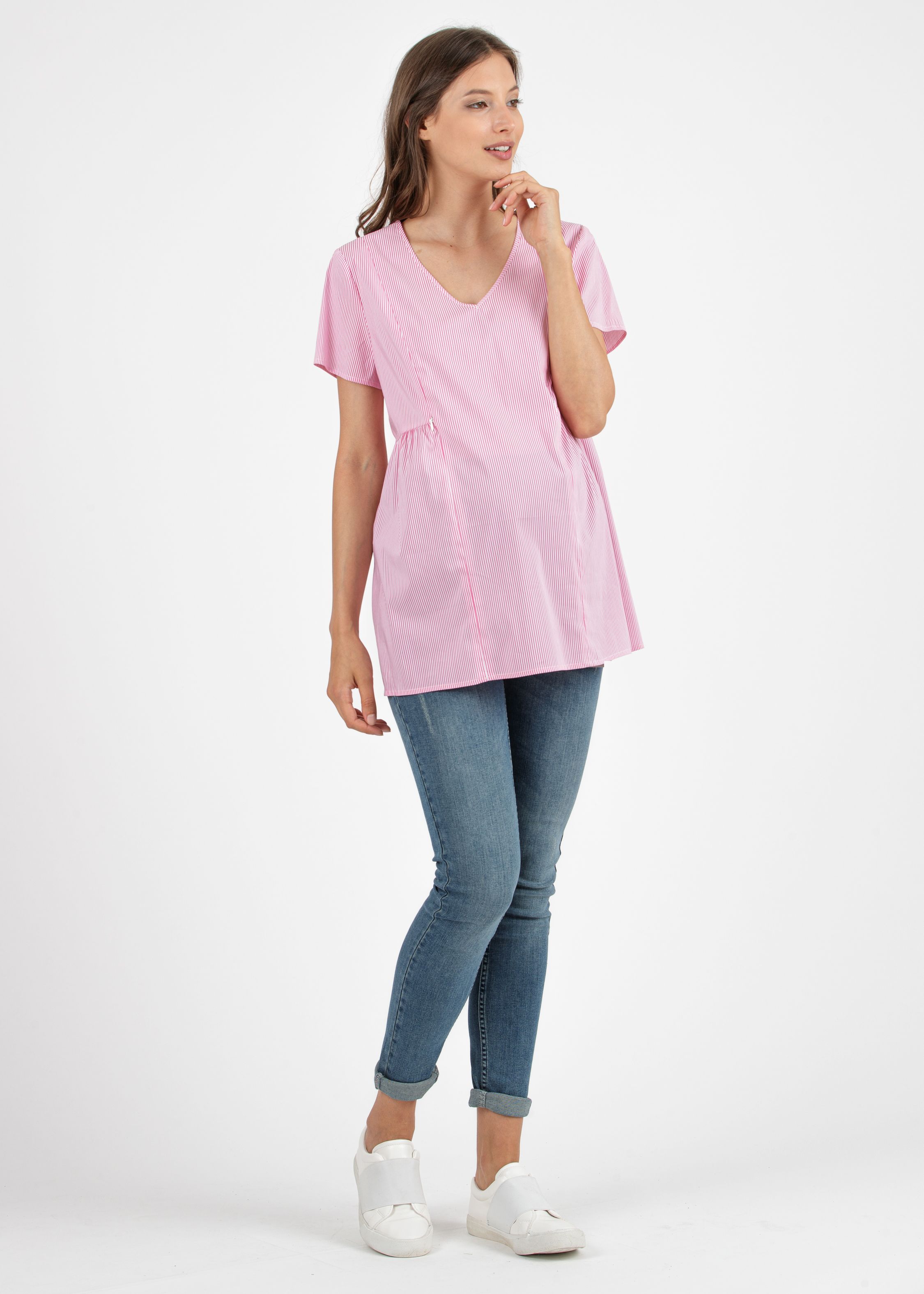 Striped Maternity & Nursing Blouse in Poplin (Fuxia)