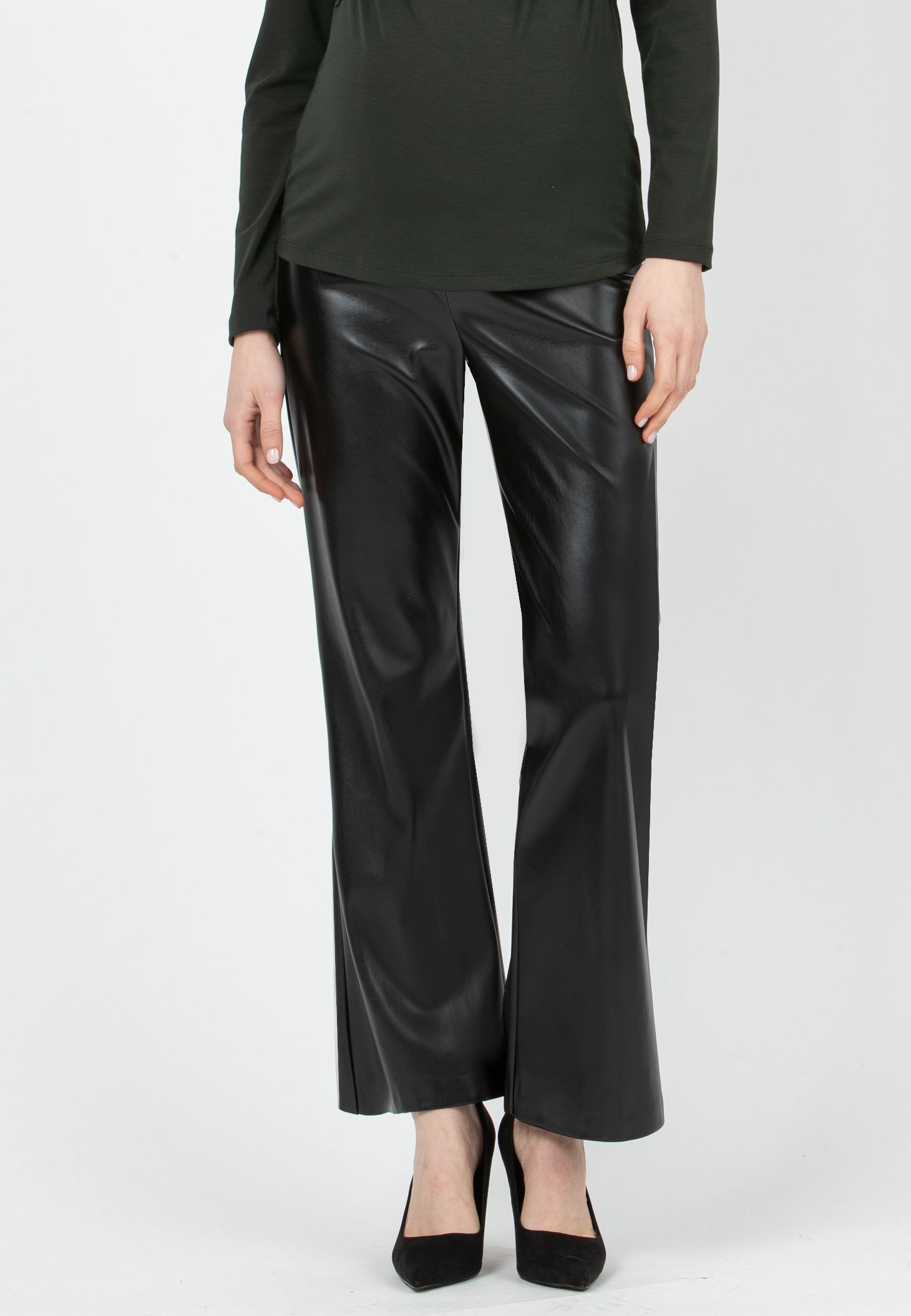 RAMONA P - Maternity Flared Trousers in Faux Leather (Black, XS)