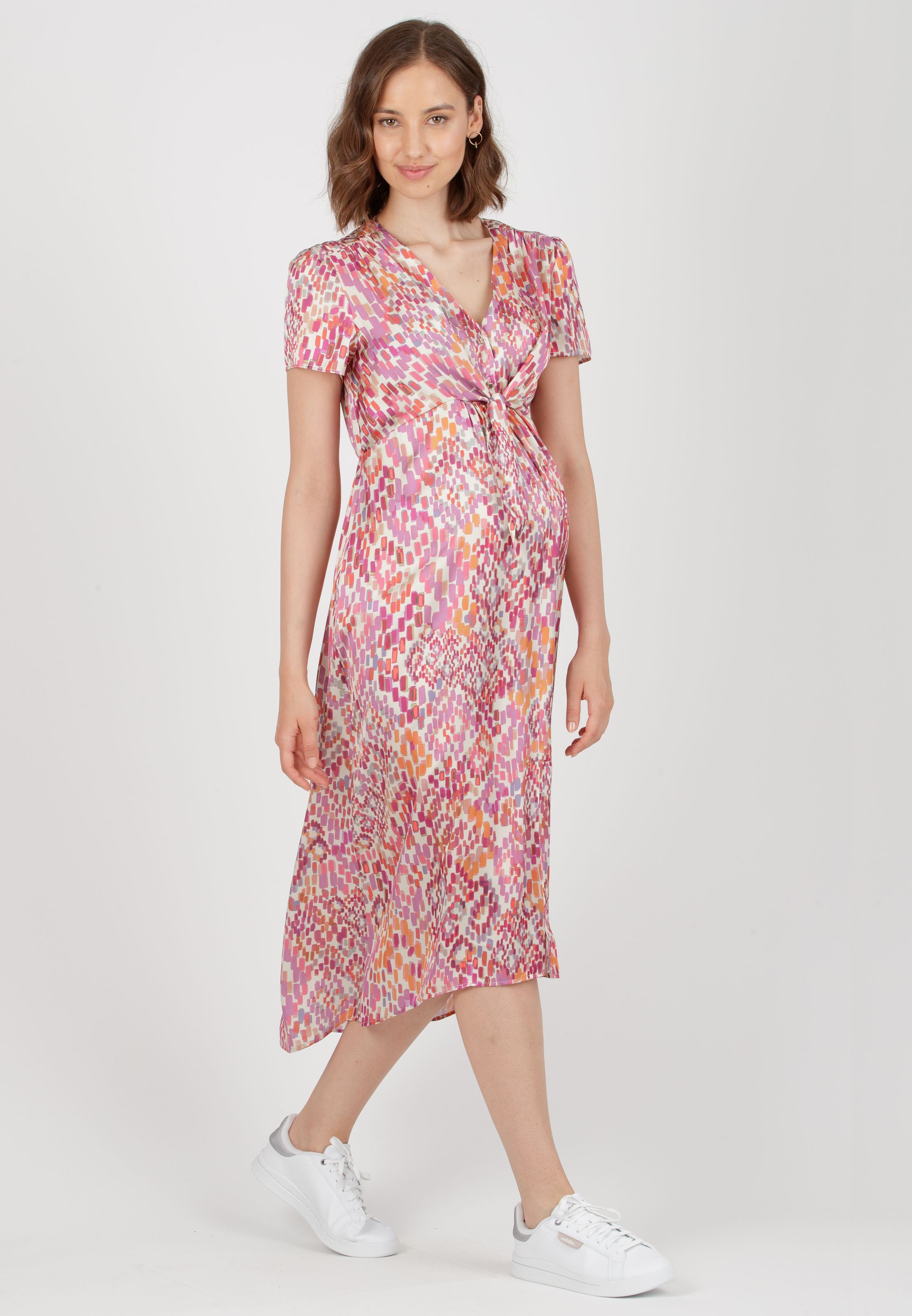 BELEN M/M - Abito Premaman & Allattamento in Raso Stampato con Corpino Annodato (Rosa Confetto, XS)