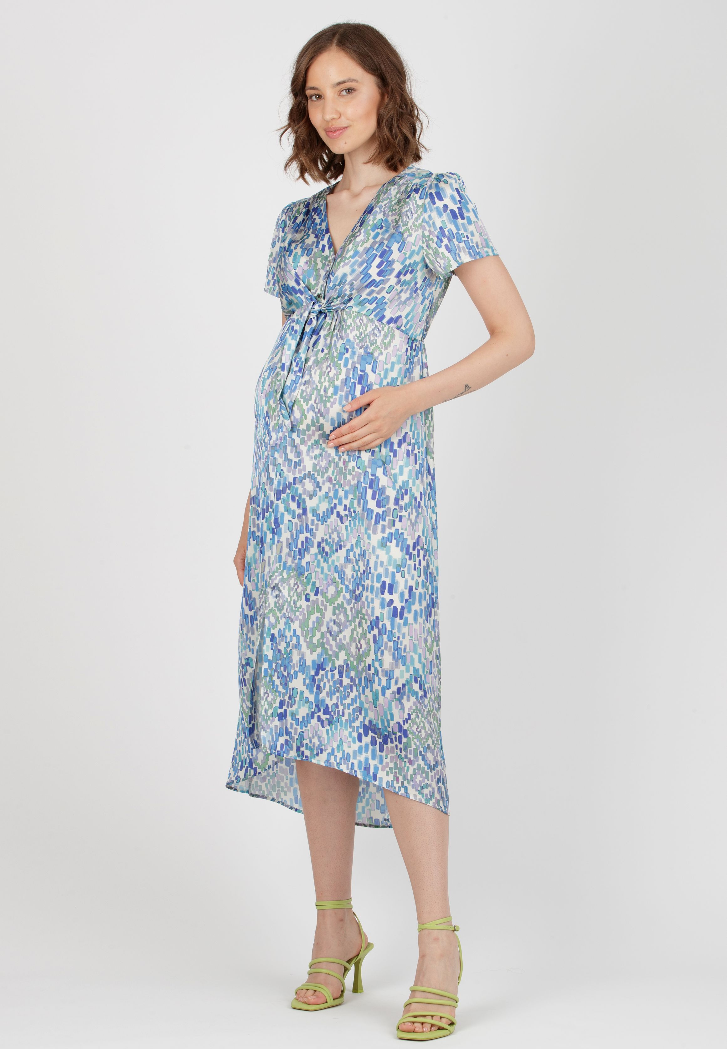 BELEN M/M - Abito Premaman & Allattamento in Raso Stampato con Corpino Annodato (Azzurro, XS)