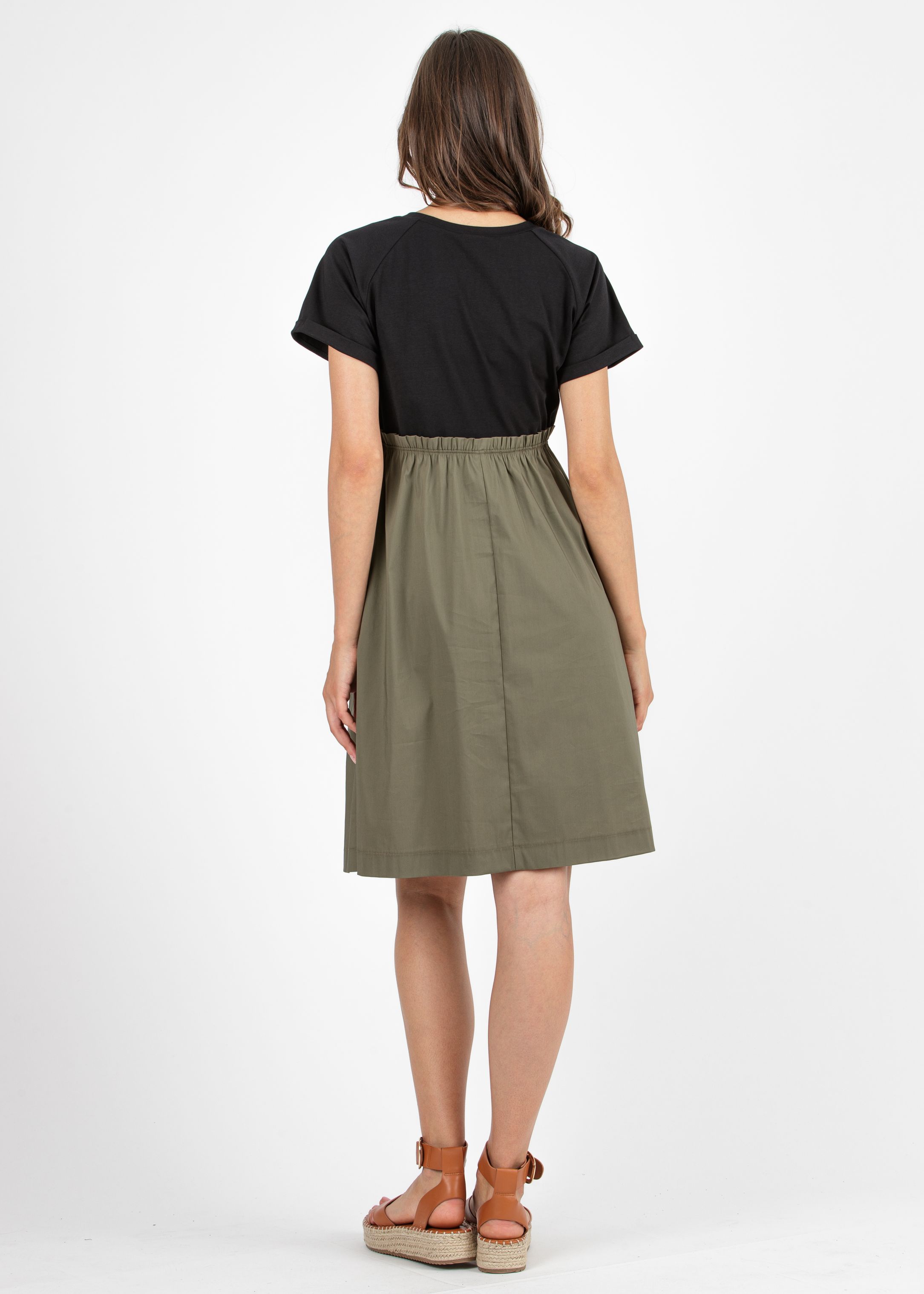 Cotton Maternity Dress with Pleats Around the Waist (Army Green, XS)