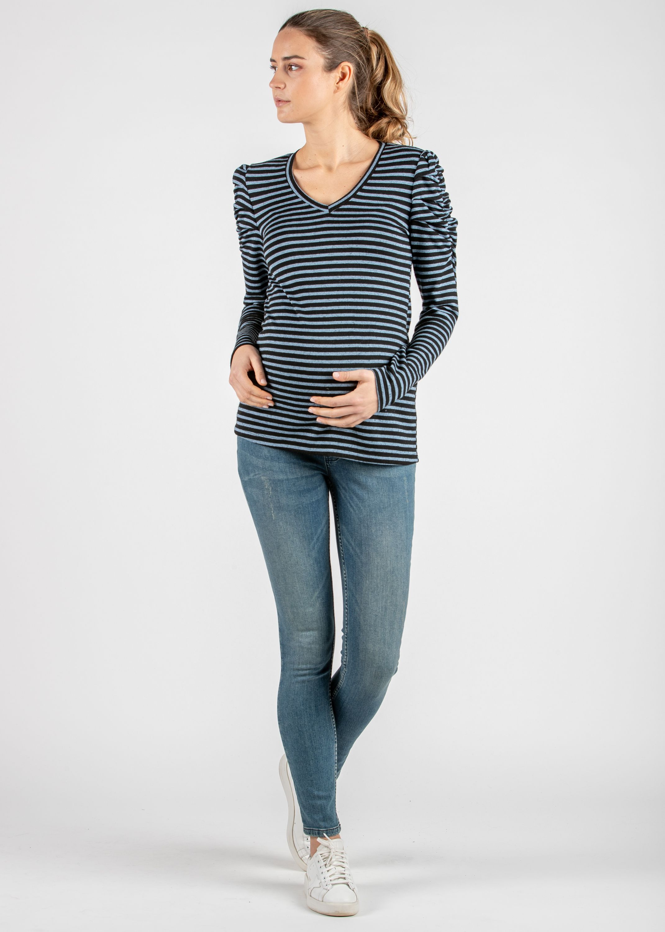 Striped Long Sleeve Maternity Top with Puff Sleeve (Denim , XS)