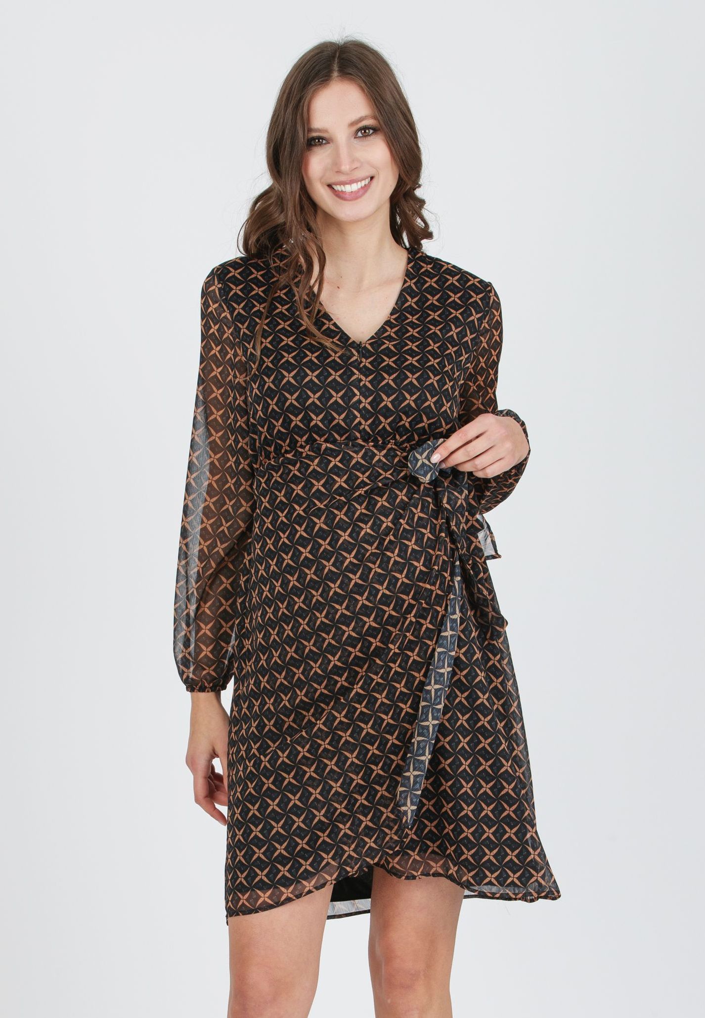 VIVIAN - Printed Chiffon Maternity & Nursing Dress with Draped Crossoover Skirt (Black, XS)