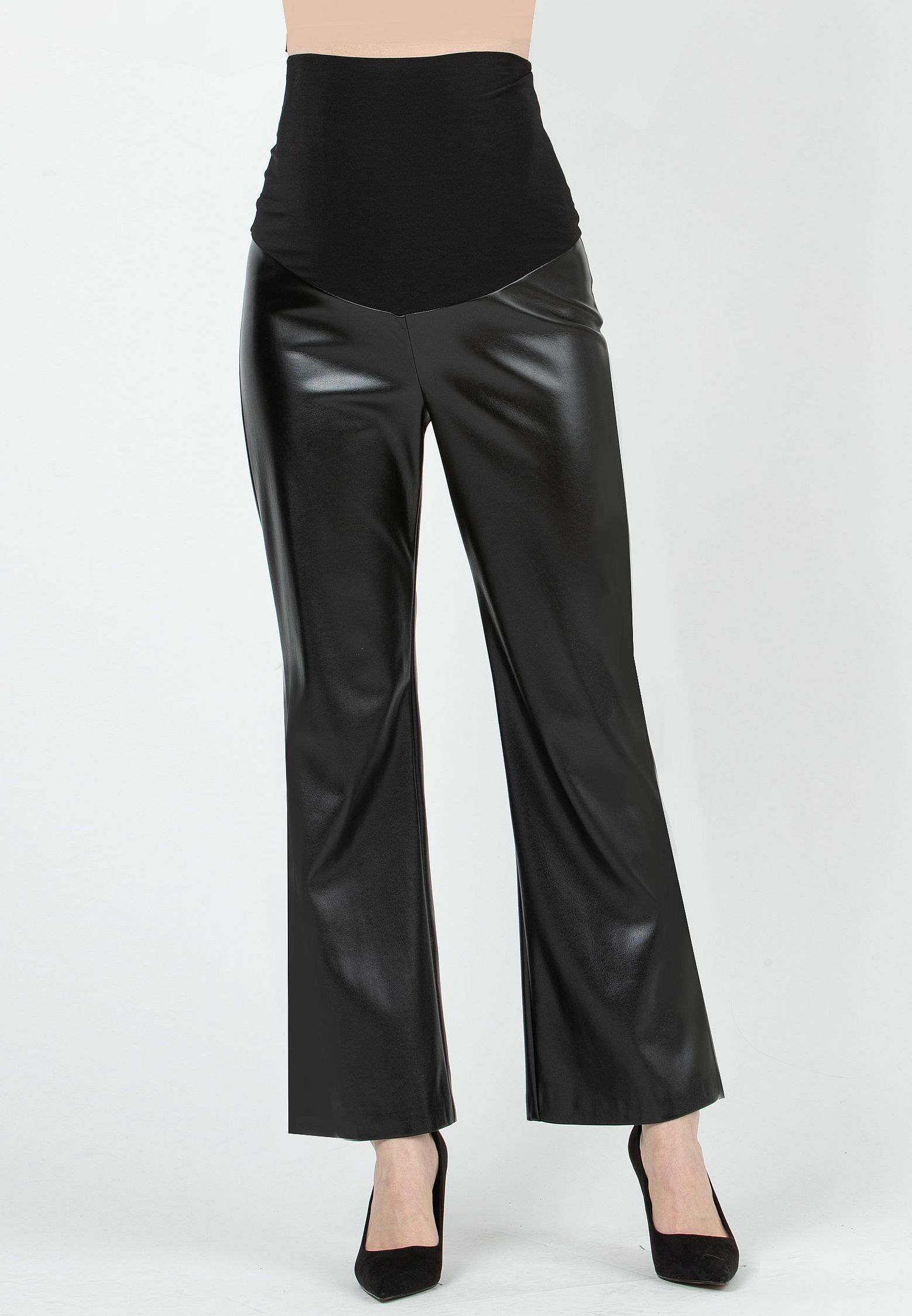 RAMONA P - Maternity Flared Trousers in Faux Leather (Black, XS)