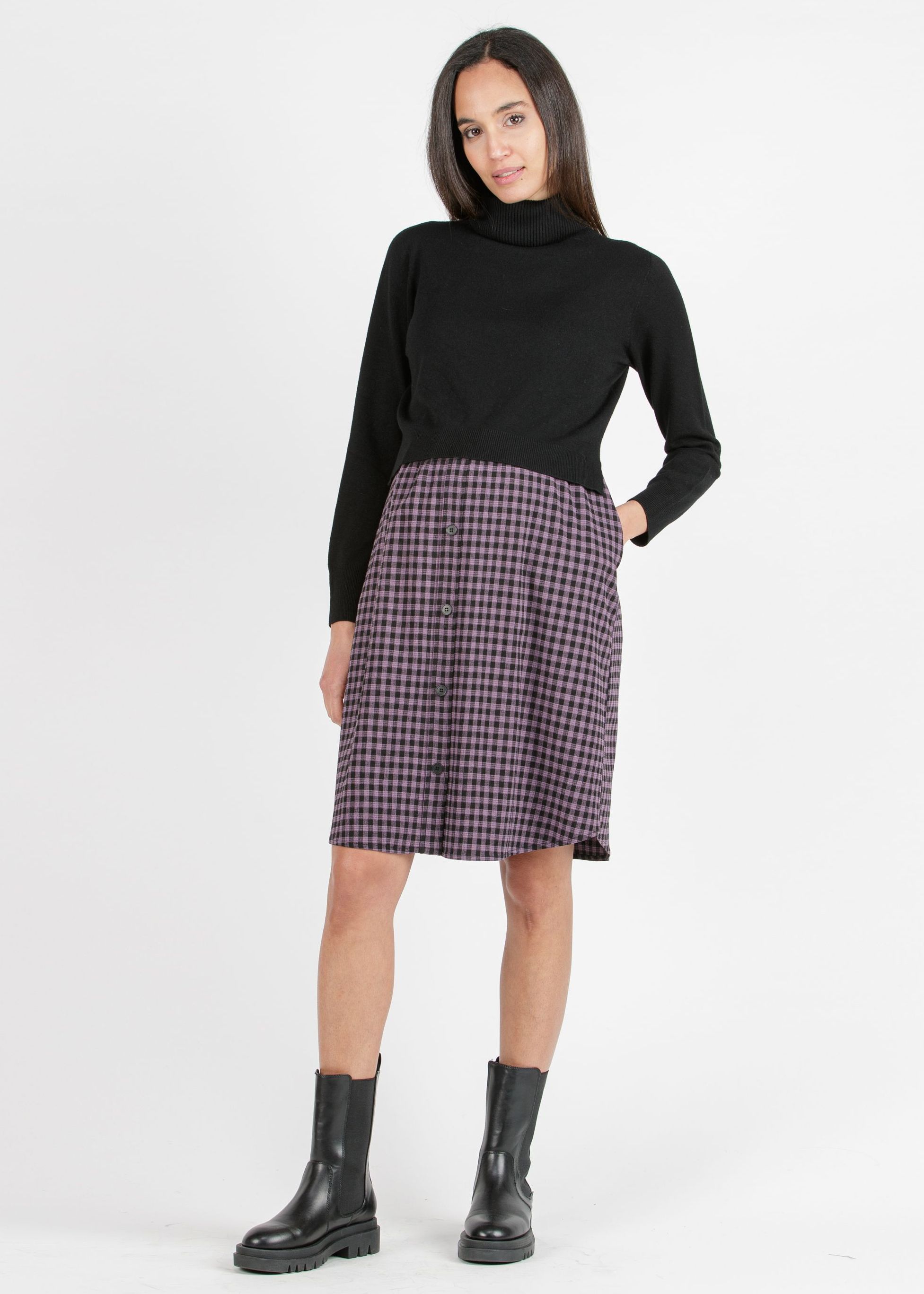 Maternity & Nursing Dress with Check Print and Matching Sweater (Glicine, XS)
