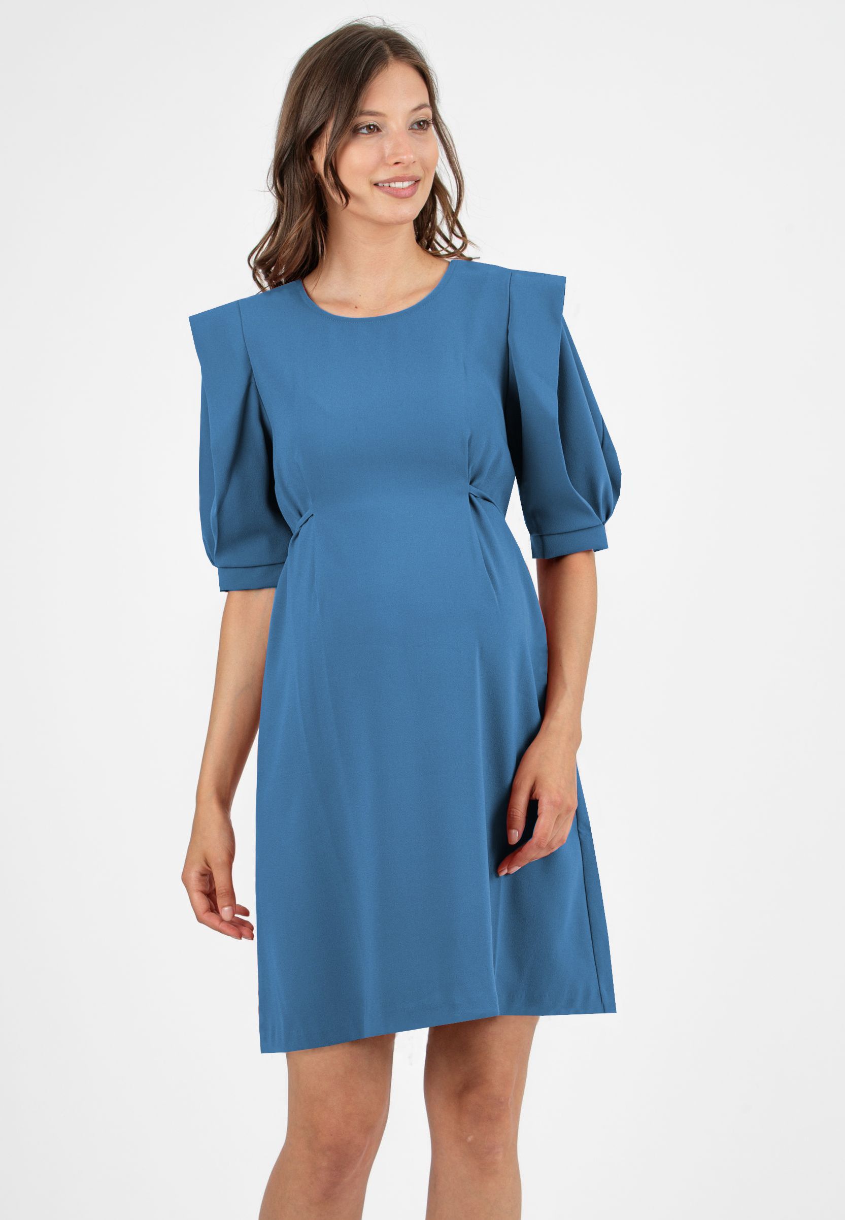SAMANTHA - Abito Premaman con Maniche a Petalo e Laccetto in Vita (Azzurro, XS)