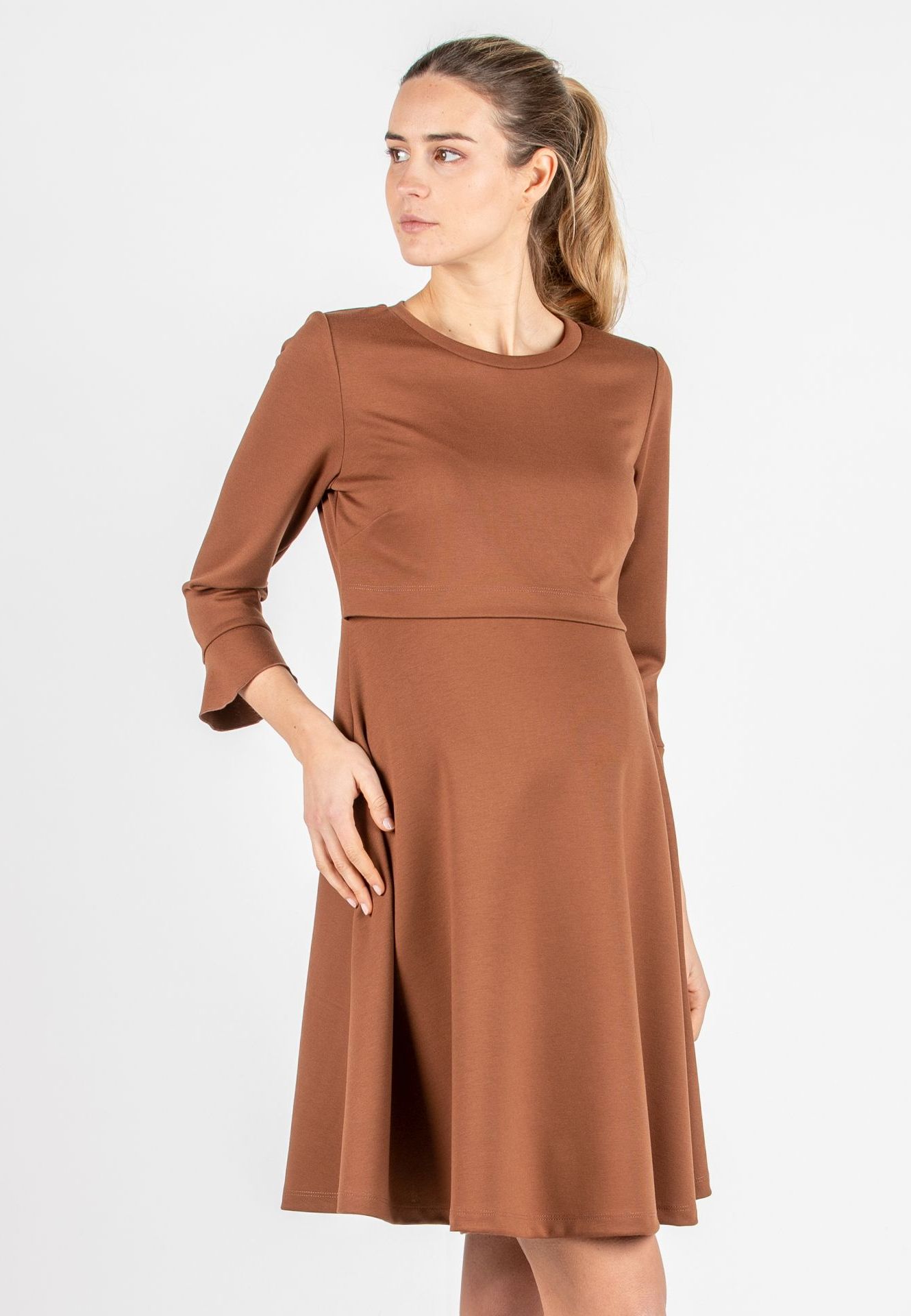 DAFNE – Flared Maternity & Nursing Dress with Back Button Detail (Caramello, XS)