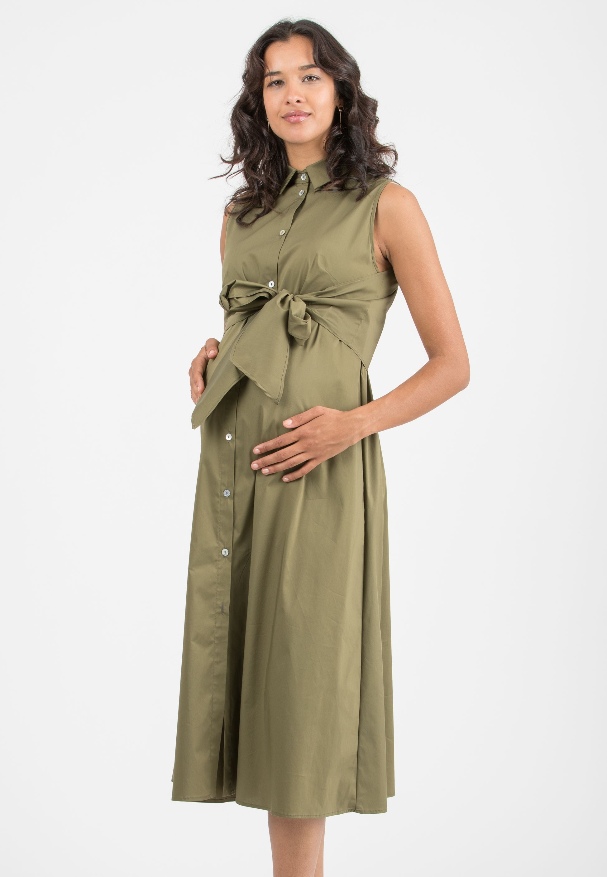 MICHELA – Maternity & Nursing Shirt-Style Dress (Army Green, XXS)