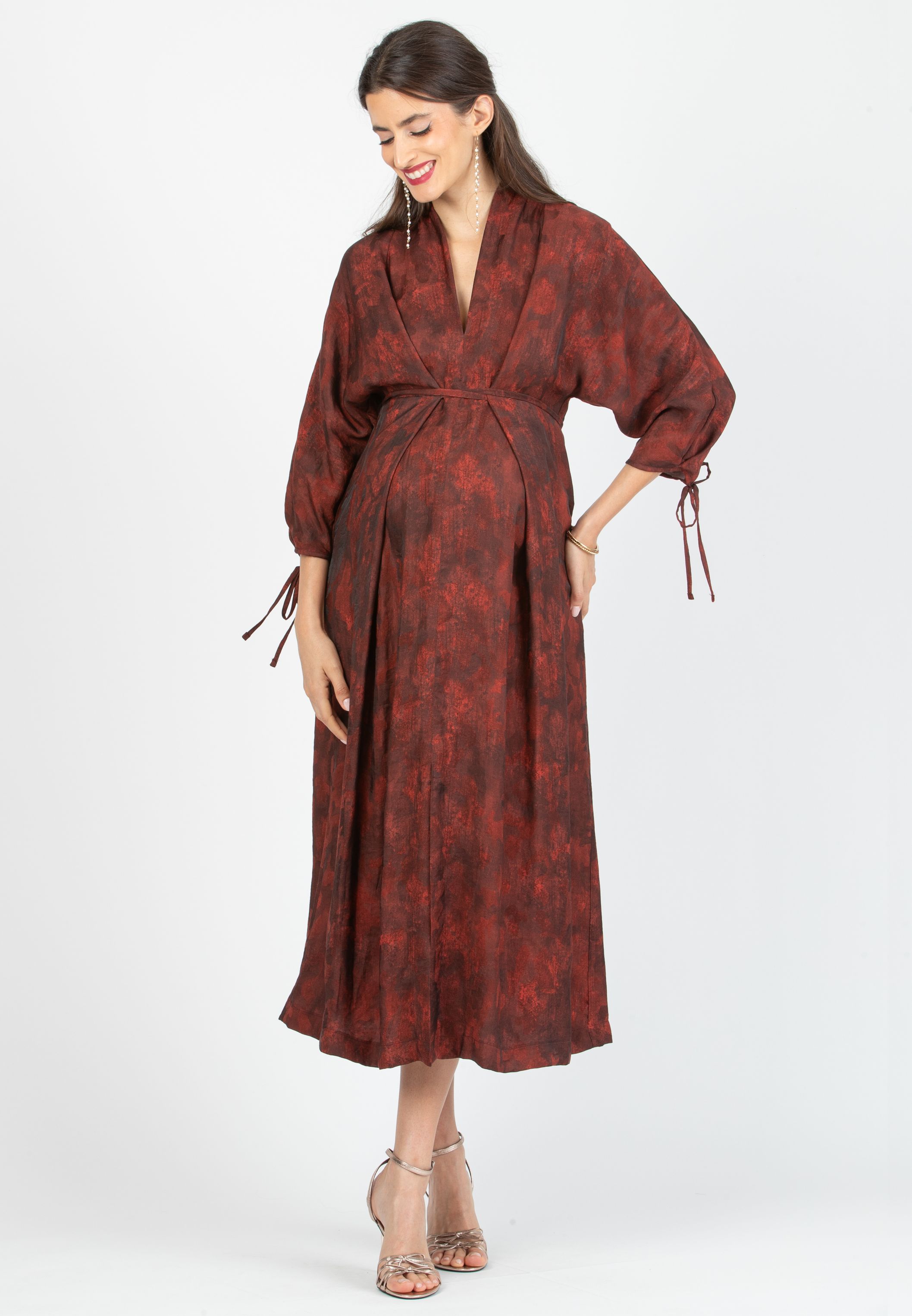 VIOLA - Maternity Kimono Dress in Viscose with Ties (Rosso India)