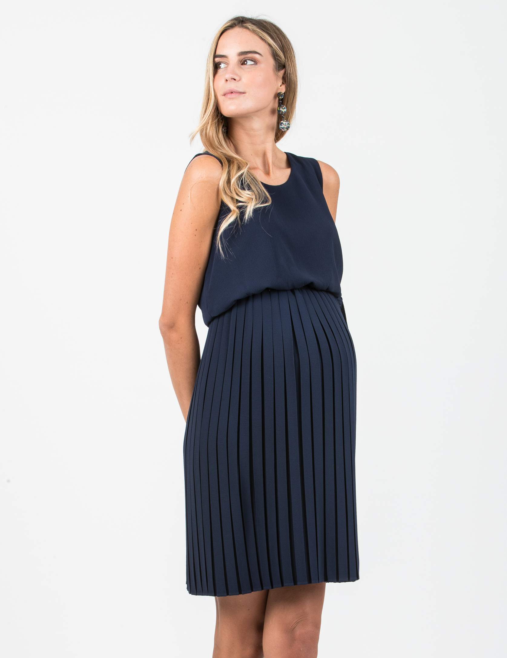 BIANCA - Maternity & Nursing Dress with Pleated Skirt and Buttons at the Back (Midnight Blue, XS)