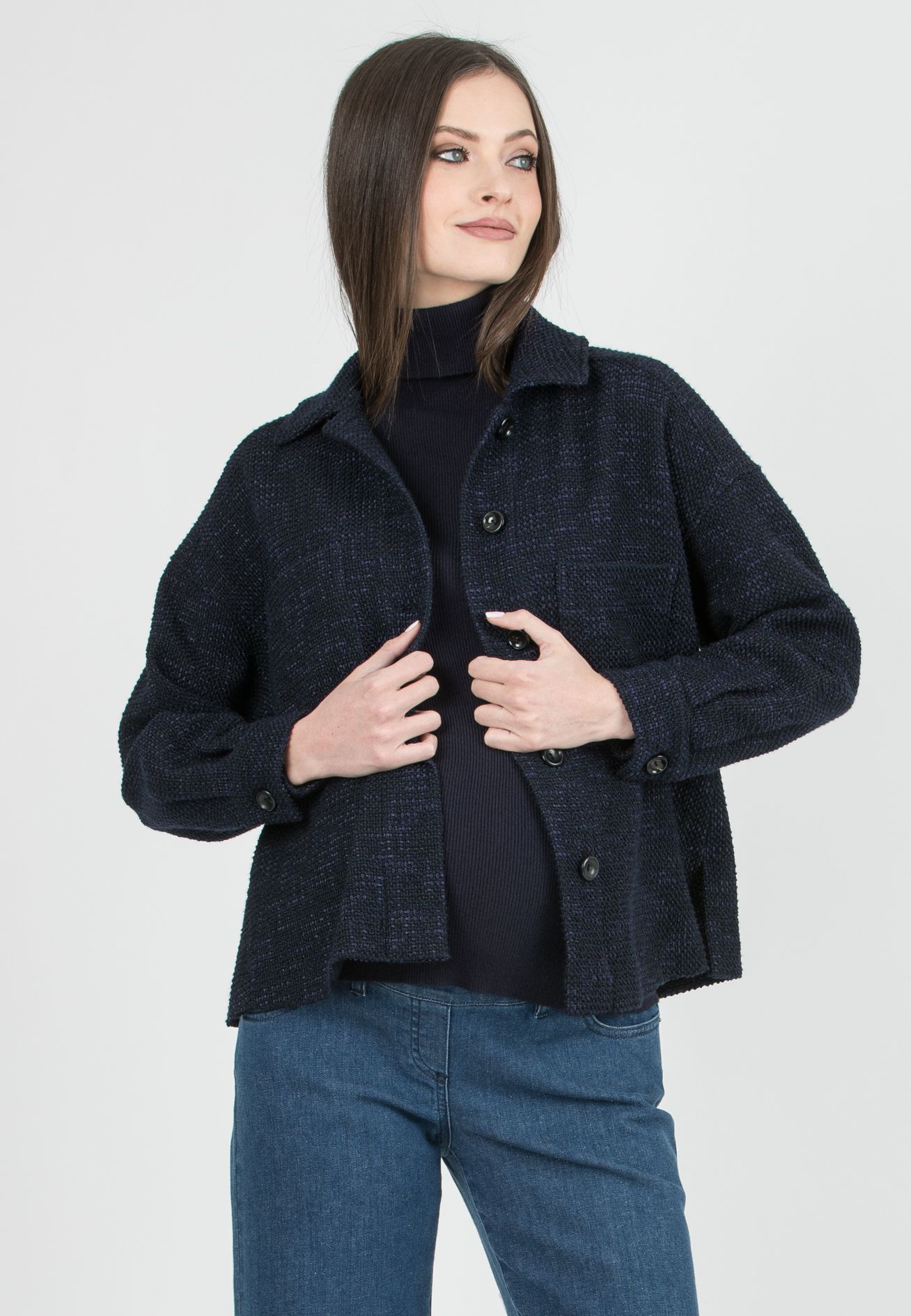 NINA - Giacca/Camicia Premaman in Bouclè (Blu, XXS)
