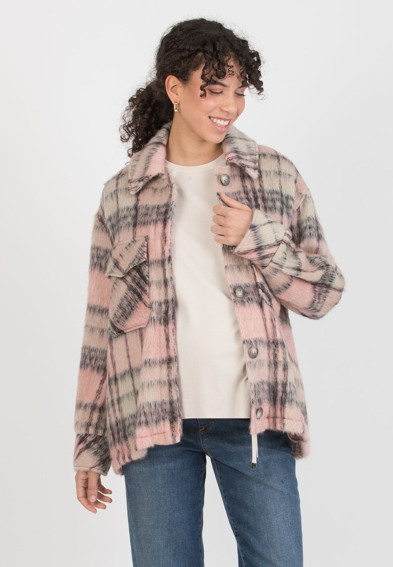 INDIA C – Cappotto Premaman Corto in Lana Vergine con Tasche a Quadri Rosa (Rosa, XS)