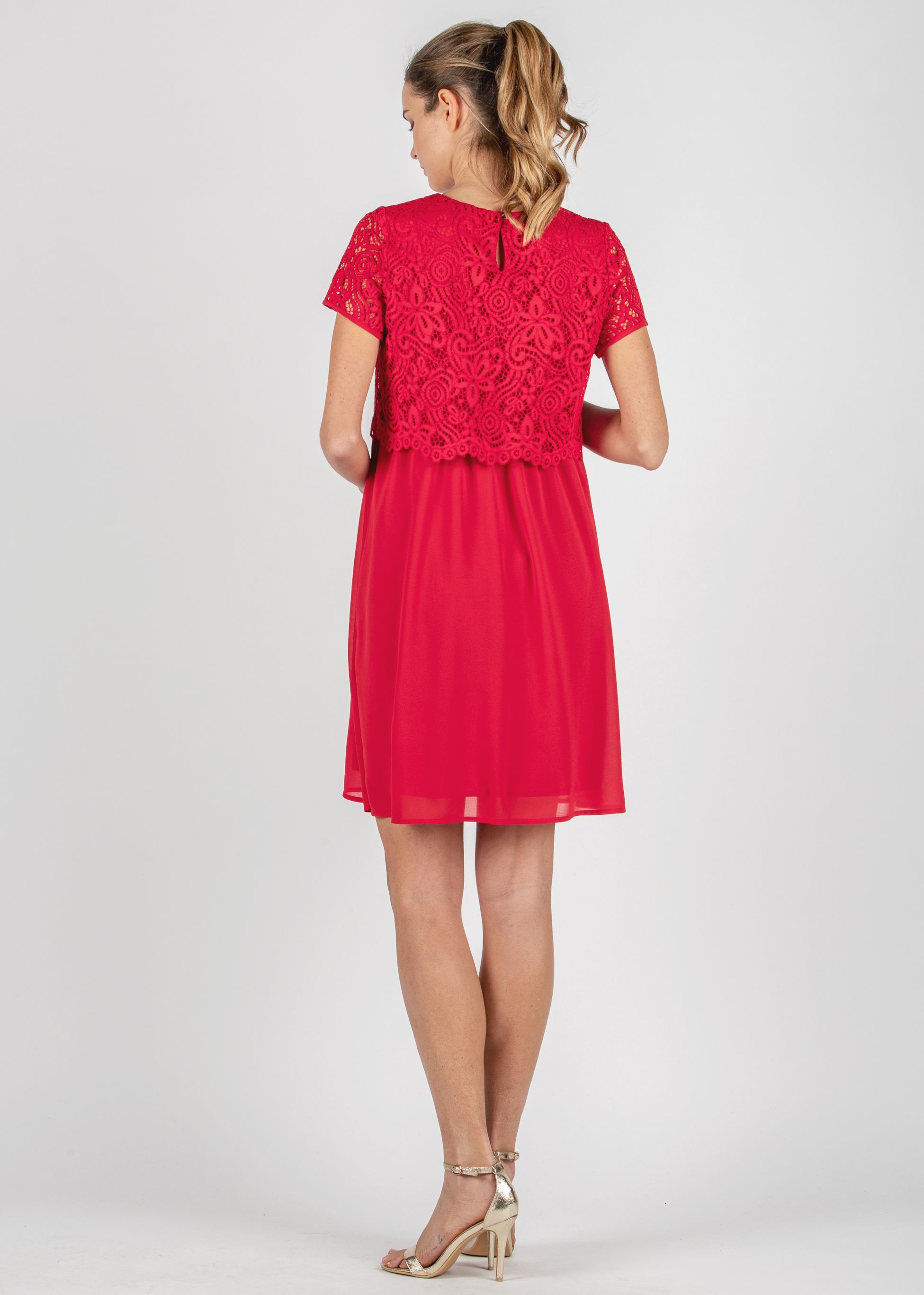 AURORA - Embroidered Maternity & Nursing Dress in Lace (Red, XS)