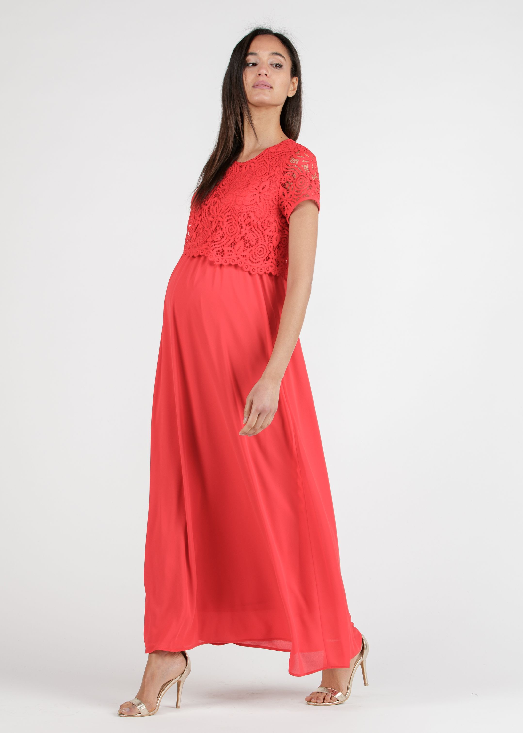 AURORA MAXI - Embroidered Long Maternity & Nursing Dress in Lace (Red, XS)