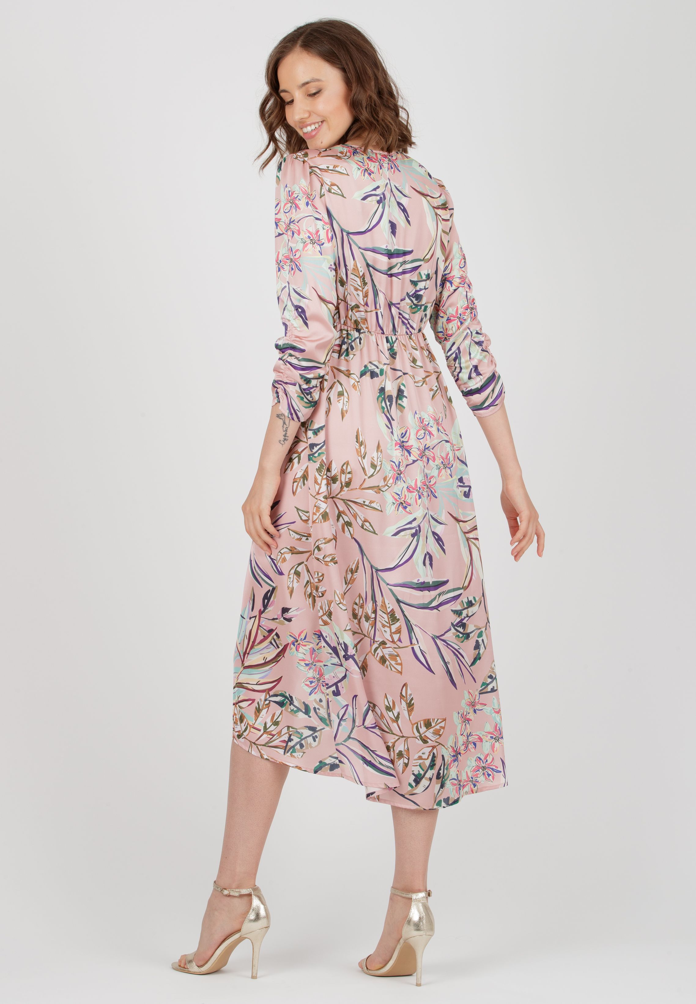 BELEN M/L - Abito Premaman & Allattamento in Raso Stampato con Corpino Annodato e Maniche 3/4 (Rosa, XS)