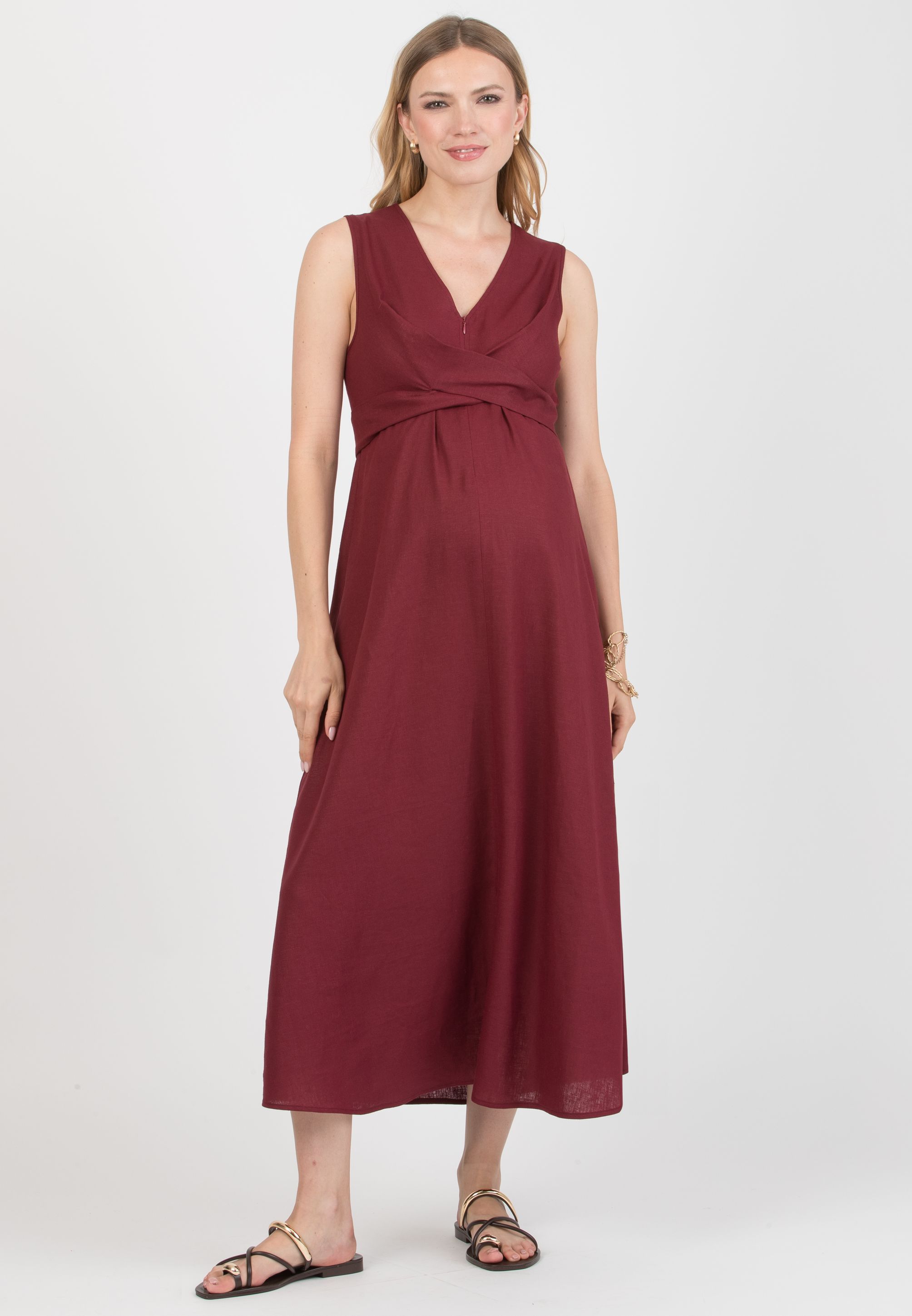 ANNALISA - Abito Premaman & Allattamento in Lino con Fusciacche incrociate (Bordeaux)