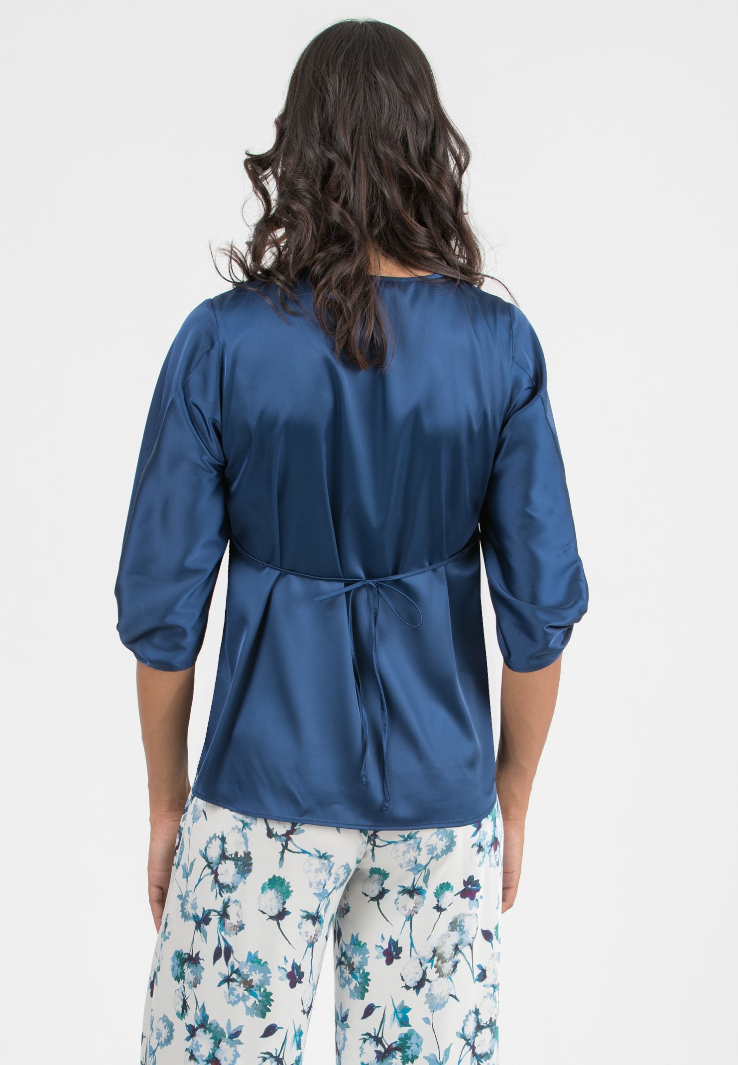 SYDNEY - Maternity Satin Blouse with Knot on Sleeve Bottom (Blu Cobalto)