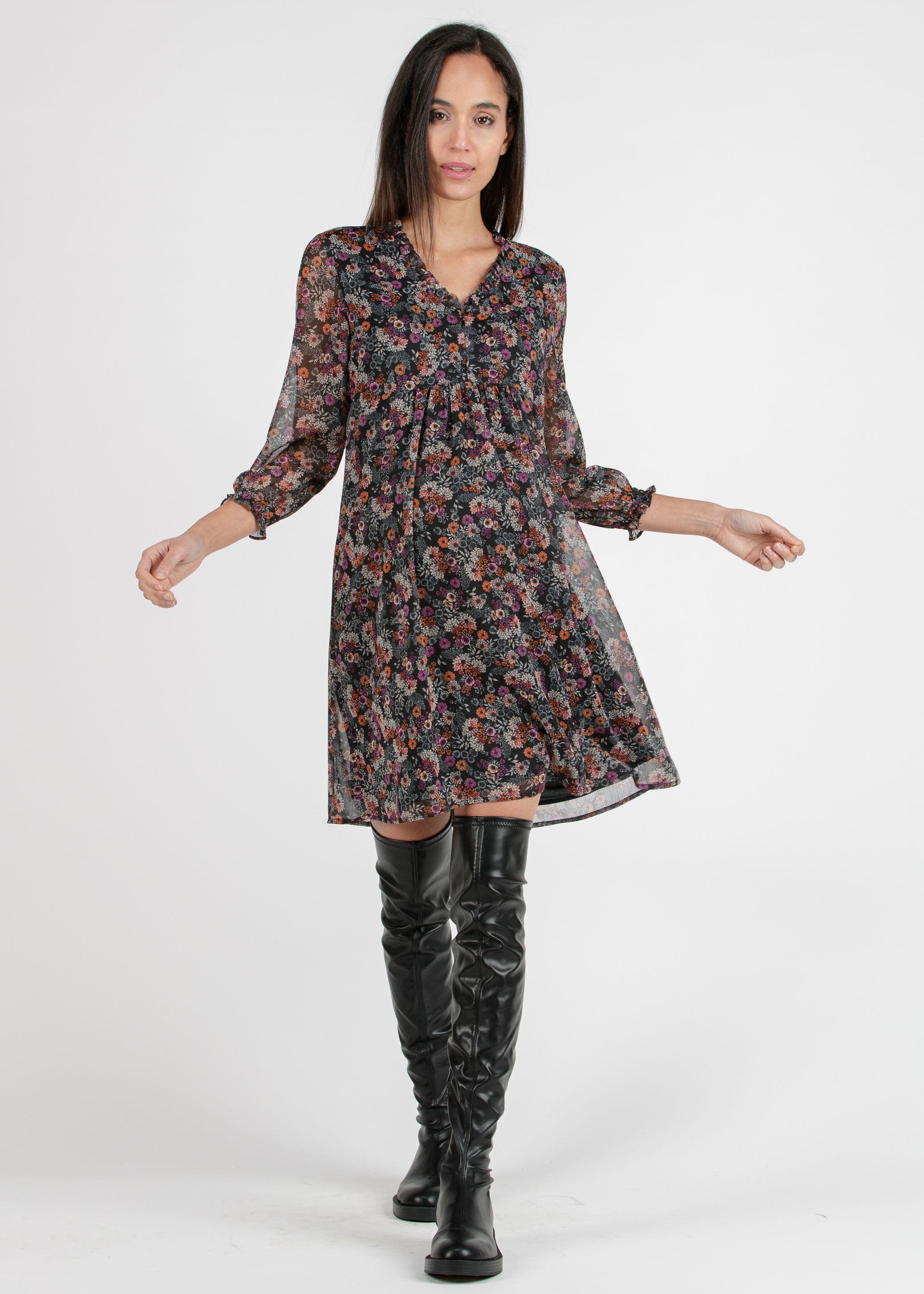 DIANA F - Printed Chiffon Maternity & Nursing Dress with Ruffle Trims on the Neck (Black, XS)