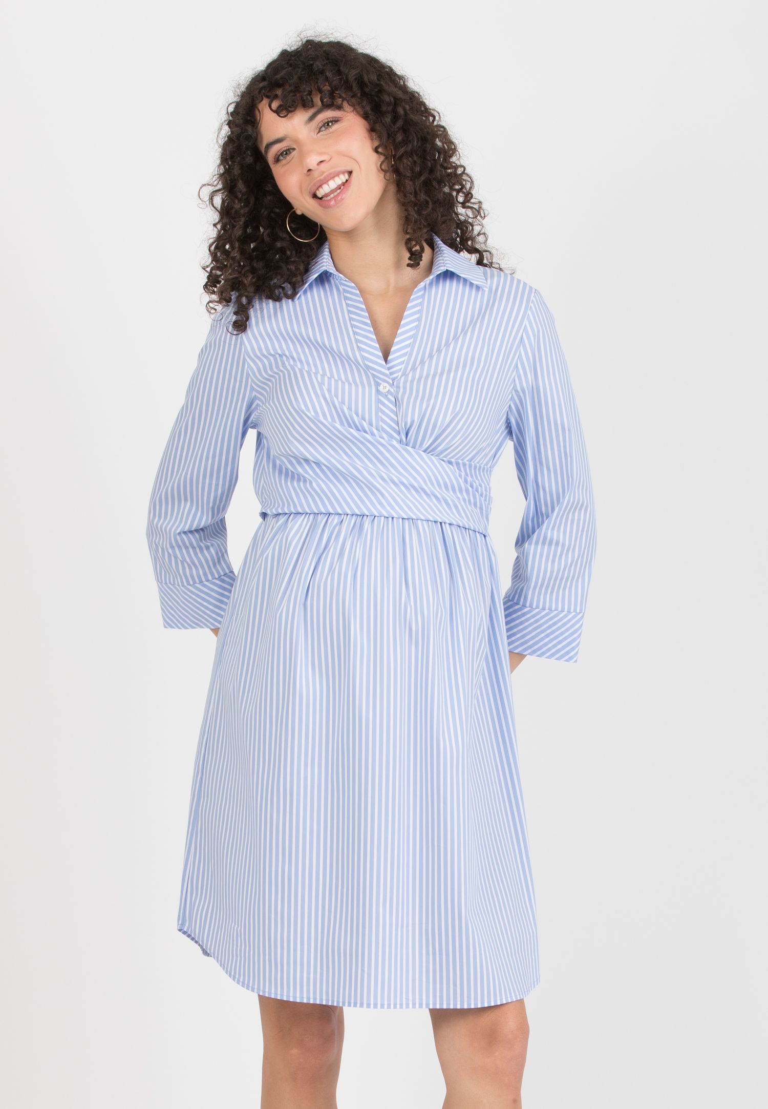 EMANUELA - Abito Premaman & Allattamento in Cotone a Righe con Fascia (Azzurro, XS)