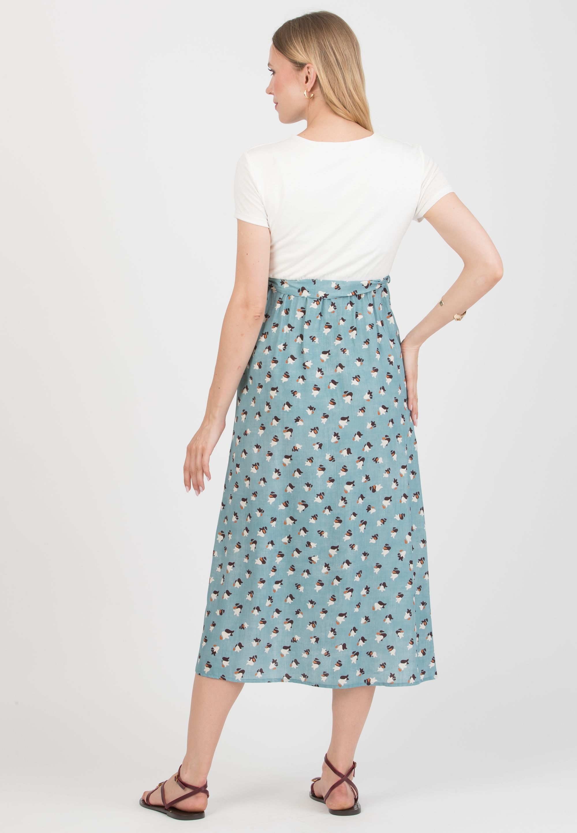 FEDERICA - Maternity Midi Dress with Crossed Neckline and Viscose Wrapped Skirt (Azzurro)