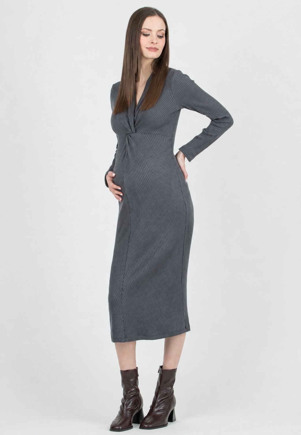 ISSA M/L – Abito Premaman & Allattamento in Maglia a Costina con Nodo (Grigio Medio)