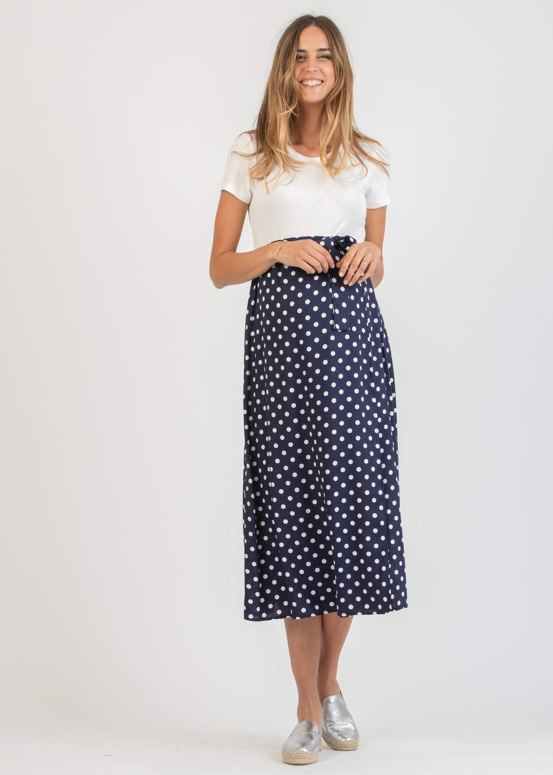 Abito Midi Premaman con Gonna a Pois a Portafoglio (Blu Scuro, XS)