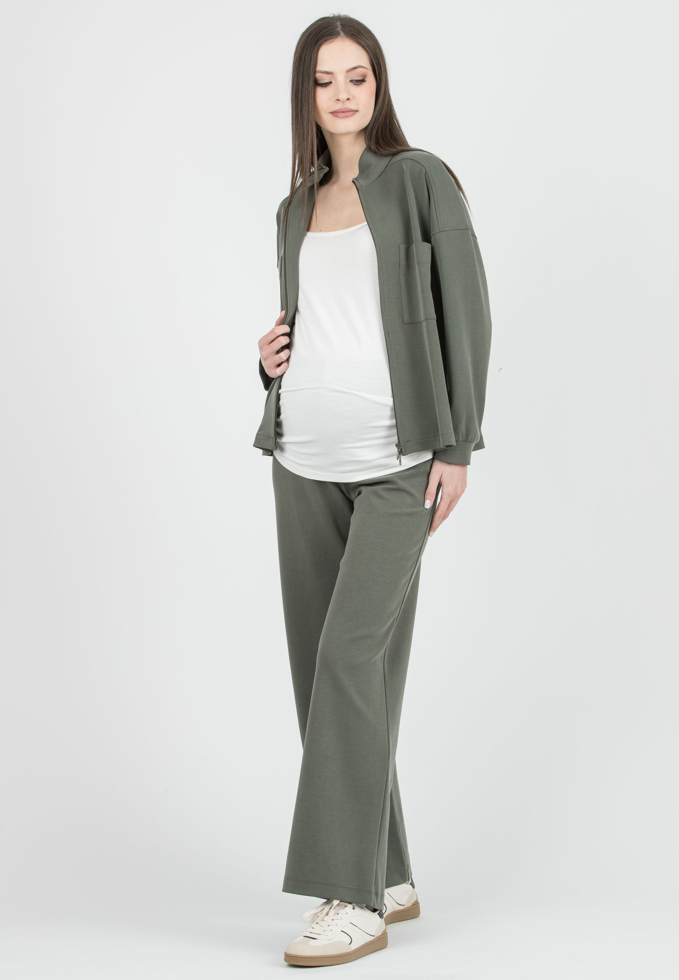SAM - Maglia Premaman & Allattamento in Modal con Zip e Tasche (Verde Militare)