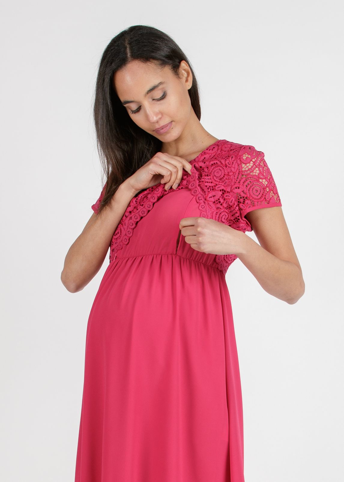 AURORA - Embroidered Maternity & Nursing Dress in Lace (Fragola , XS)