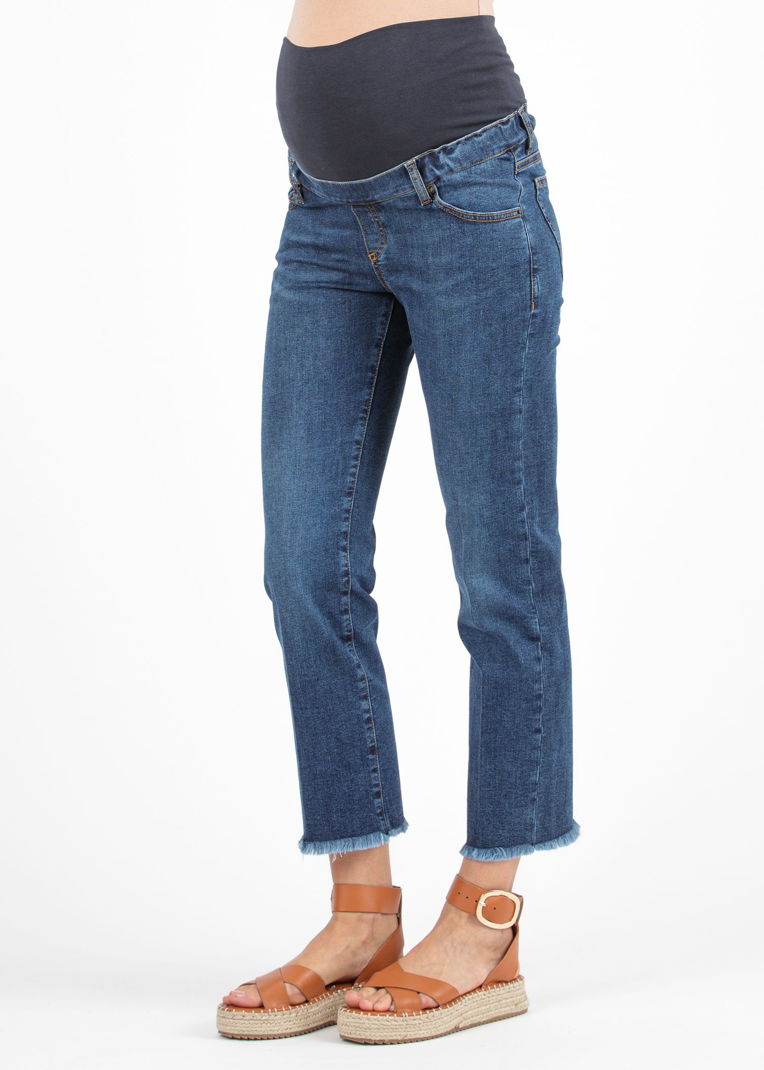 GIADA NAVY - Cropped Straight Maternity Jeans with Fringed Hem (Blu)