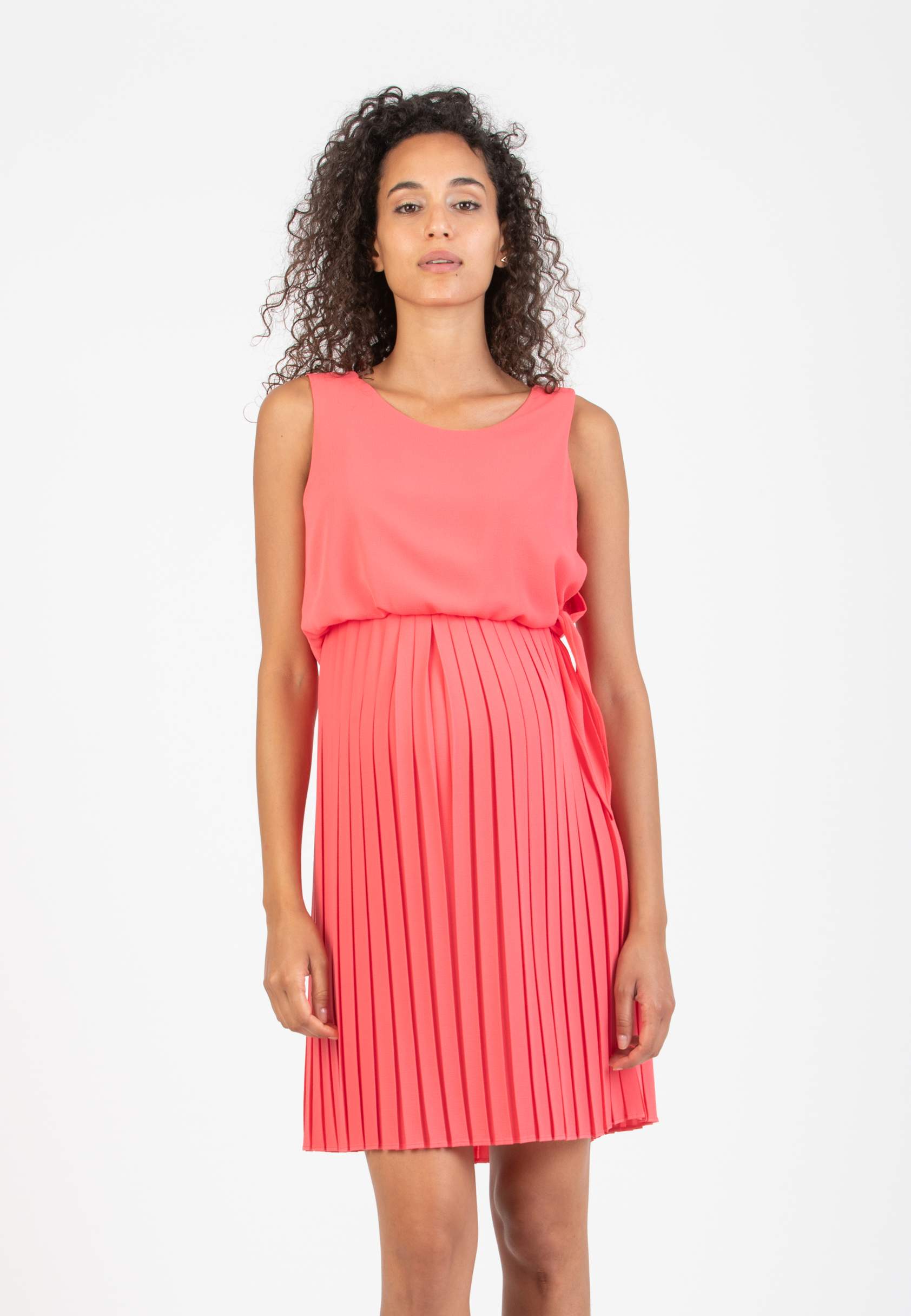 BIANCA - Maternity & Nursing Dress with Pleated Skirt and Buttons at the Back (Coral, XS)