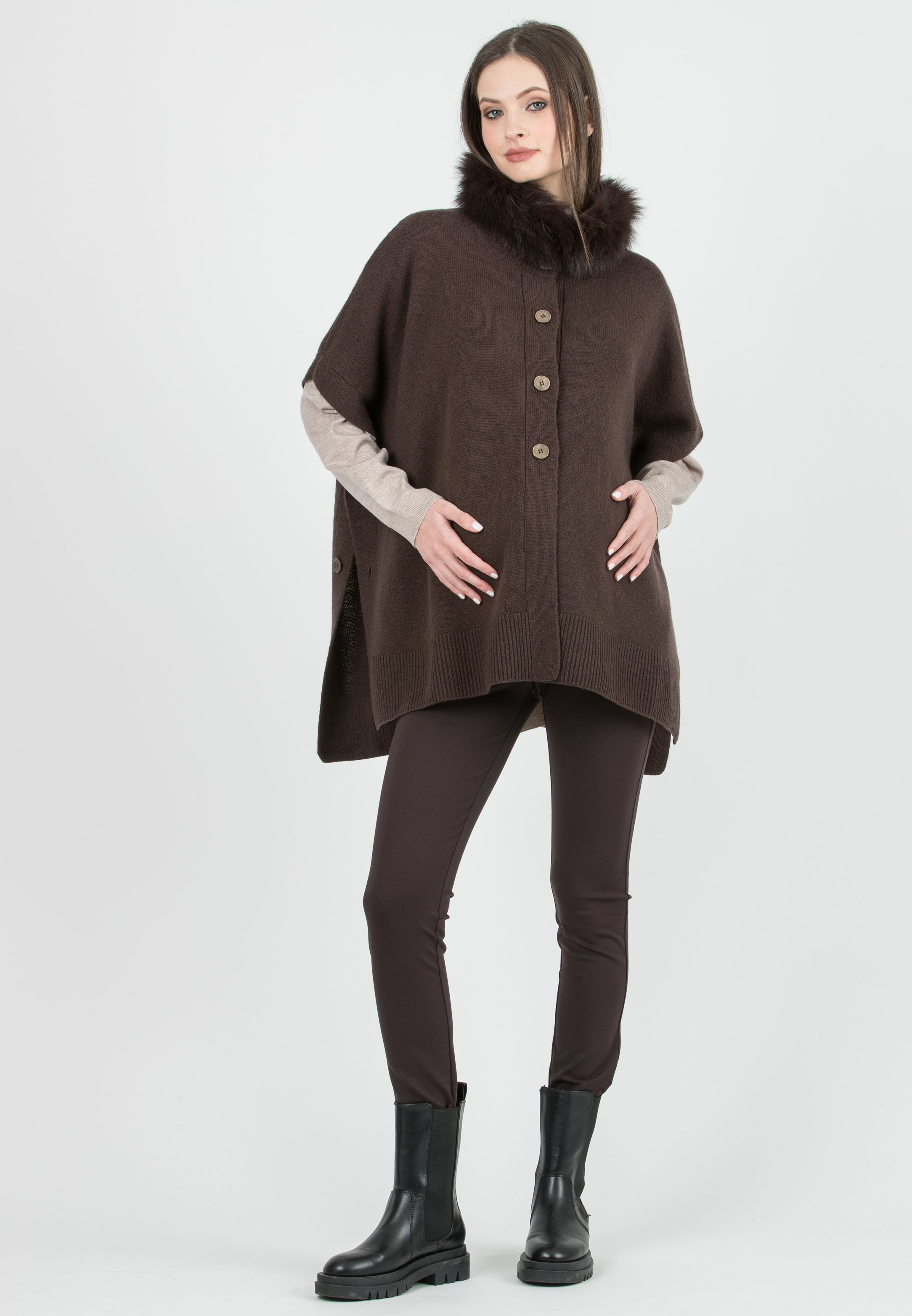 ELLIS - Maternity Virgin Wool Cape with Removable Collar (Marrone)