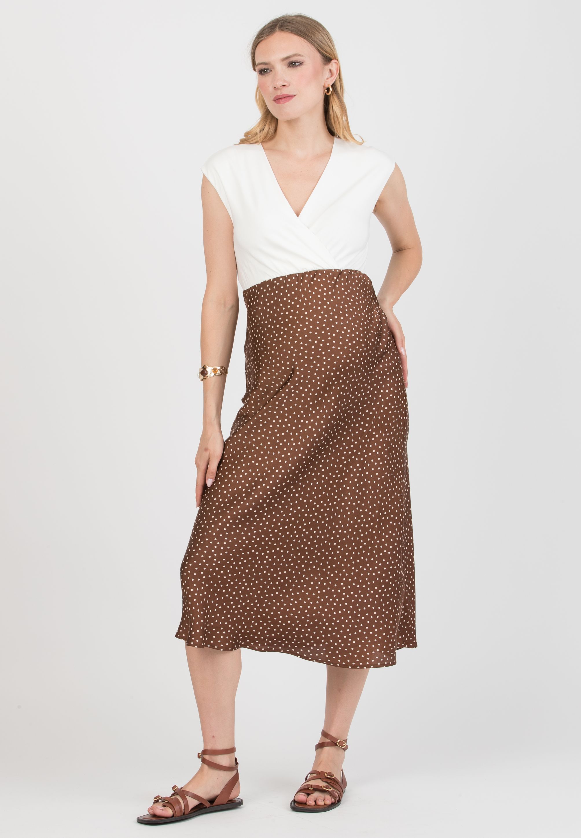 DILETTA P – Maternity & Nursing Dress with Crossover Bodice and Polka-Dot Satin Skirt (Marrone)