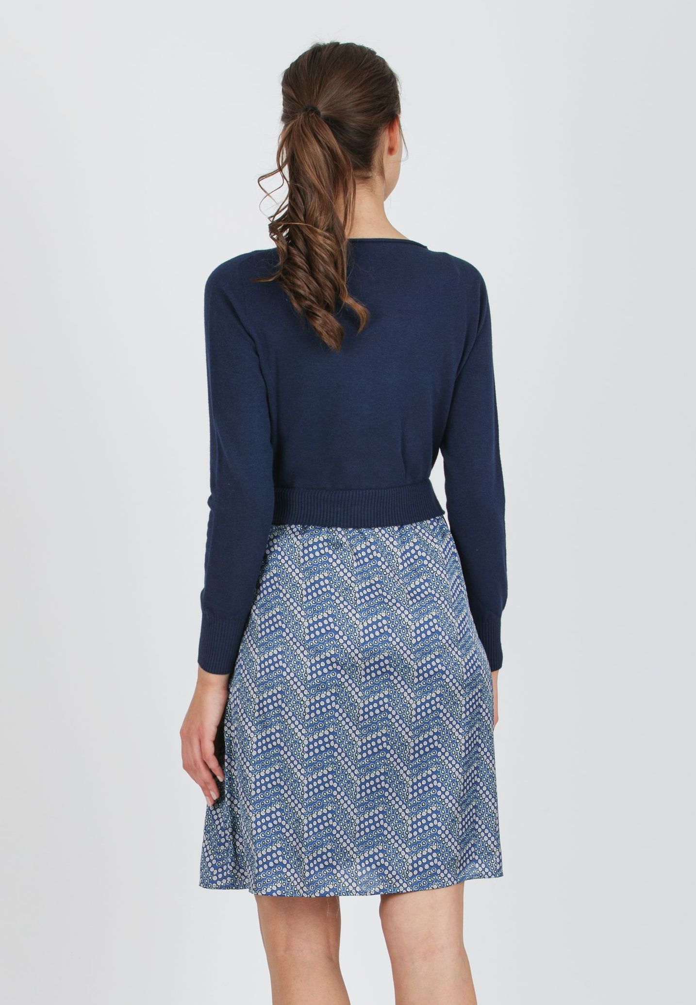 APRIL - Abito Premaman con Corpino in Maglia e Gonna in Raso (Blu, XS)