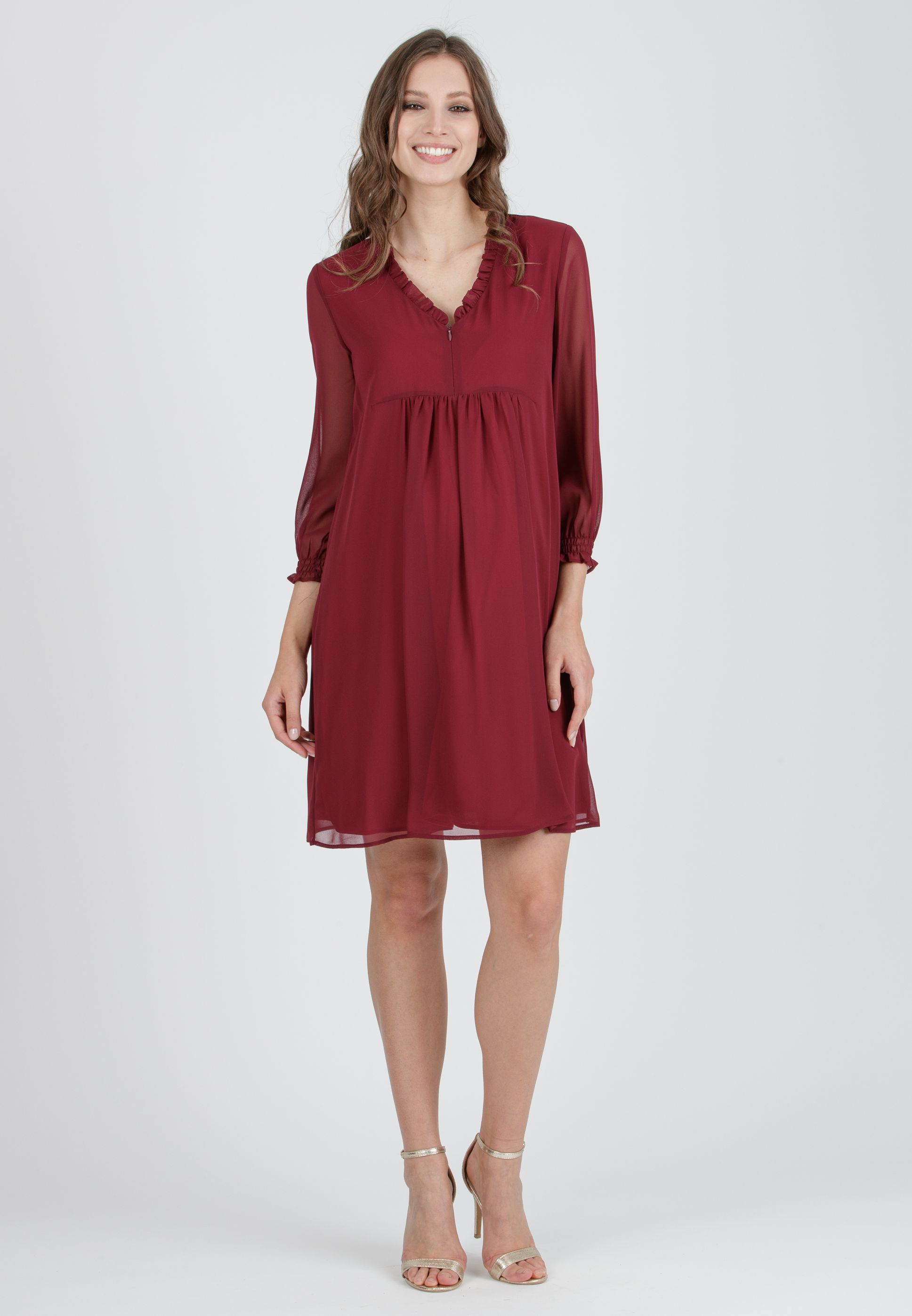 DIANA - Chiffon Maternity & Nursing Dress with Ruffle Trims on the Neck (Plum, XS)