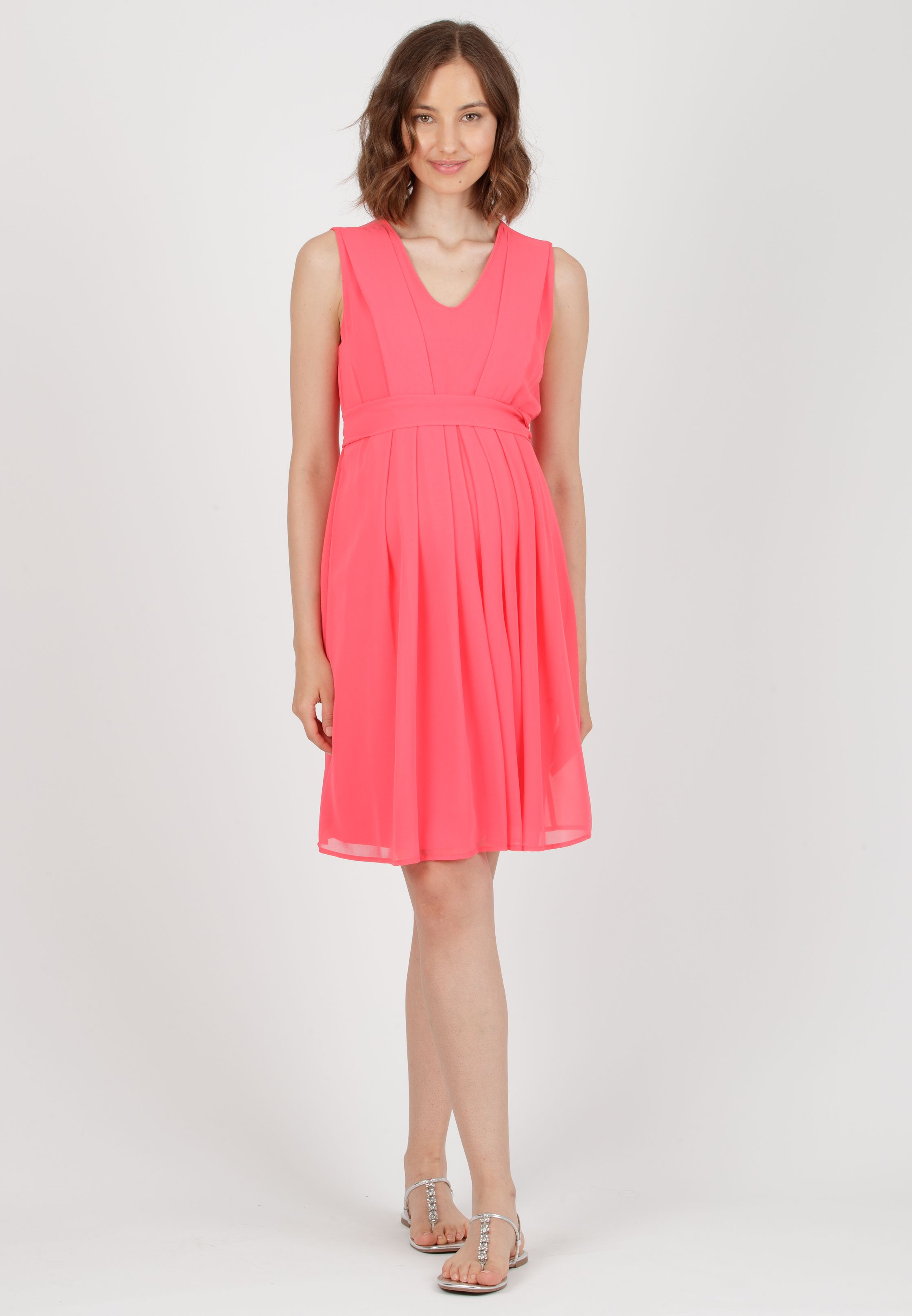 SABRINA - Maternity & Nursing Dress in Chiffon with Pleated Bodice (Coral, XS)