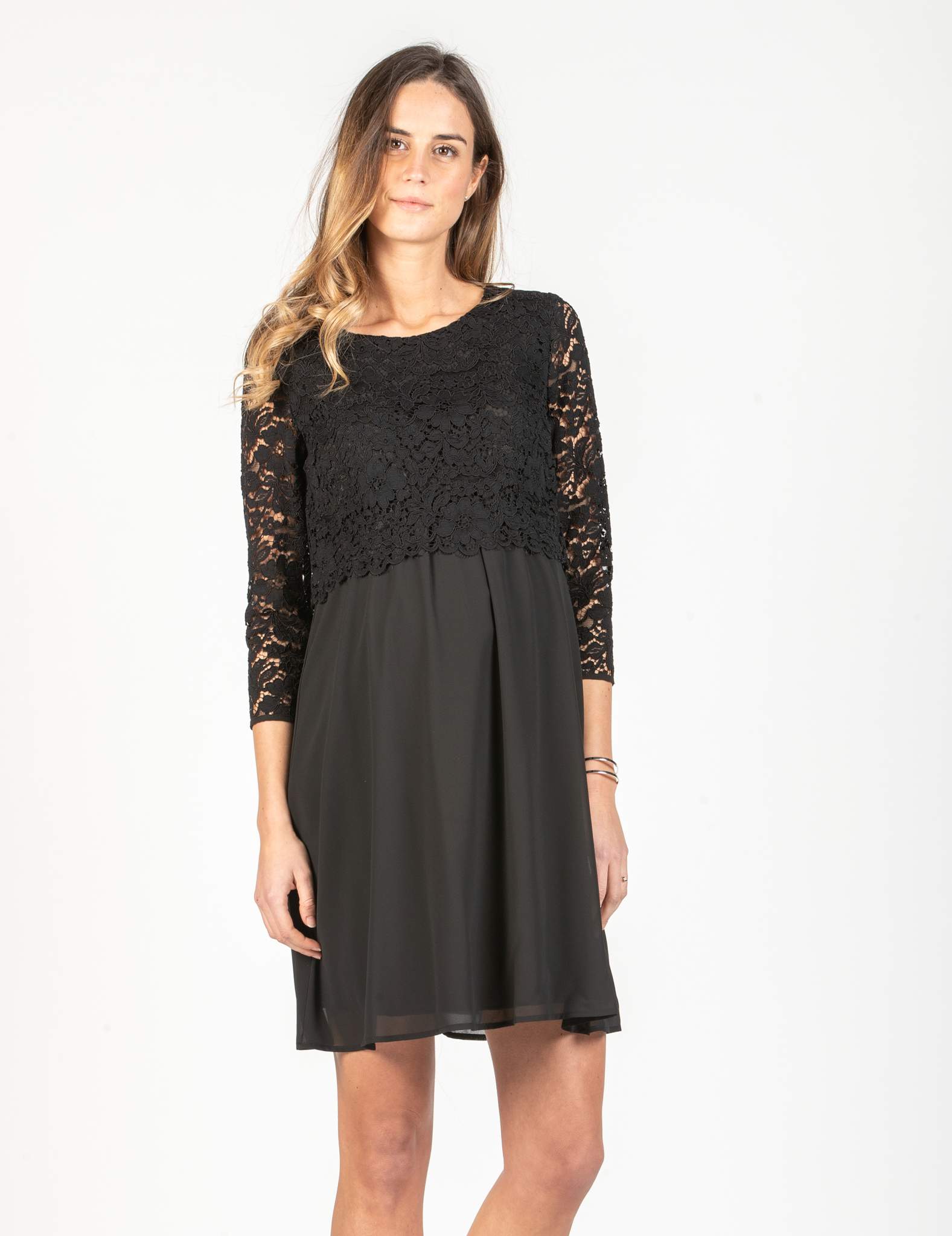 ELEONORA - Lace and Chiffon Maternity & Nursing Dress (Nero)