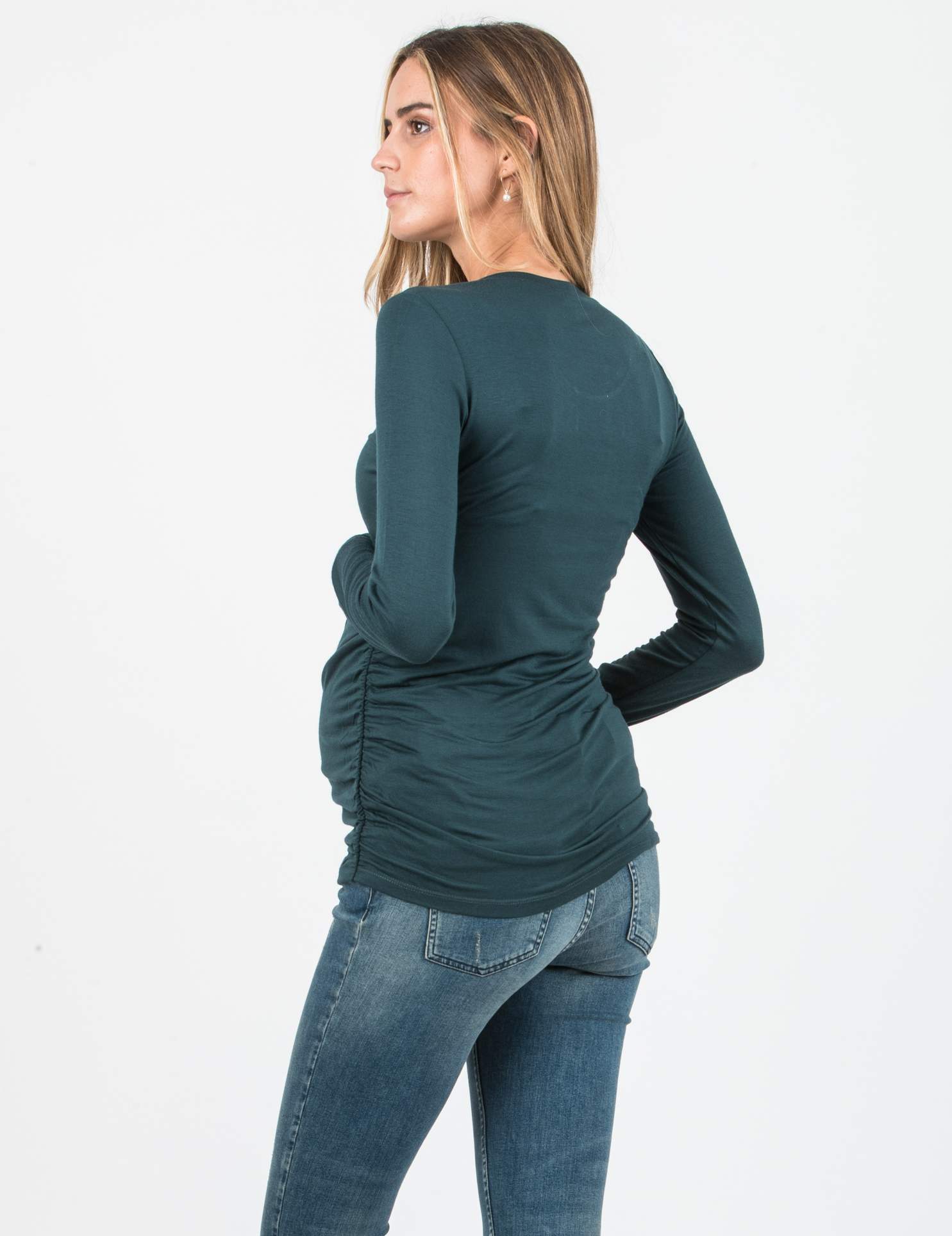 ELLEN - Long Sleeve Maternity Top with Gathered Sides (Green, XS)