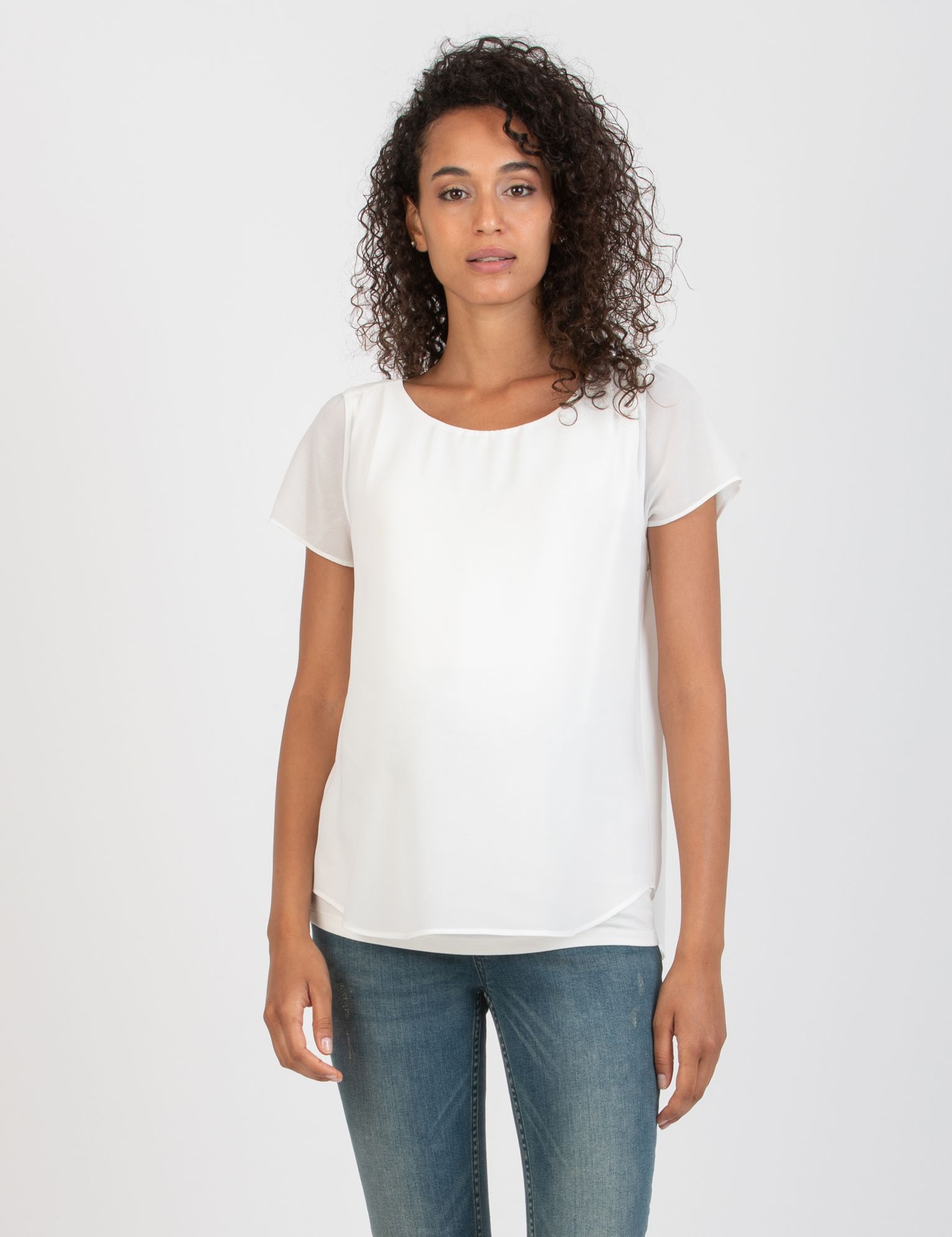 LAURA - Maglietta Premaman a Doppio Strato di Chiffon e Jersey (Avorio, XS)