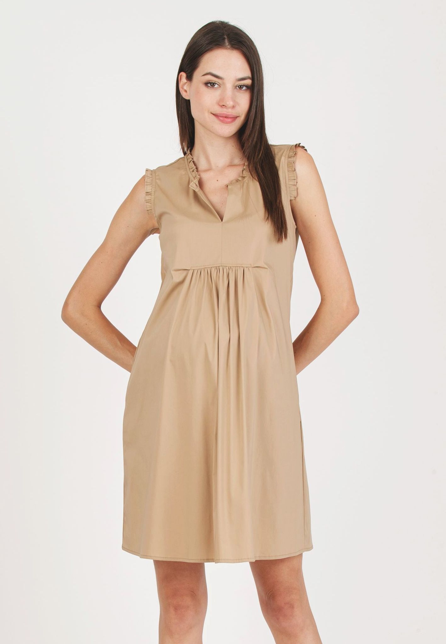 SOFIA - Maternity Dress in Stretch Cotton with Ruffles (Camel, XS)