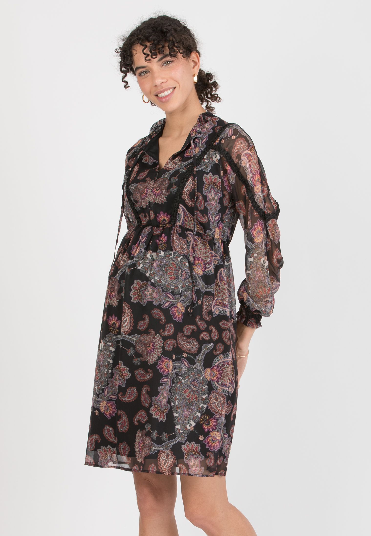 STELLA - Abito Premaman & Allattamento con Passamaneria e Stampa Paisley (Nero, XS)
