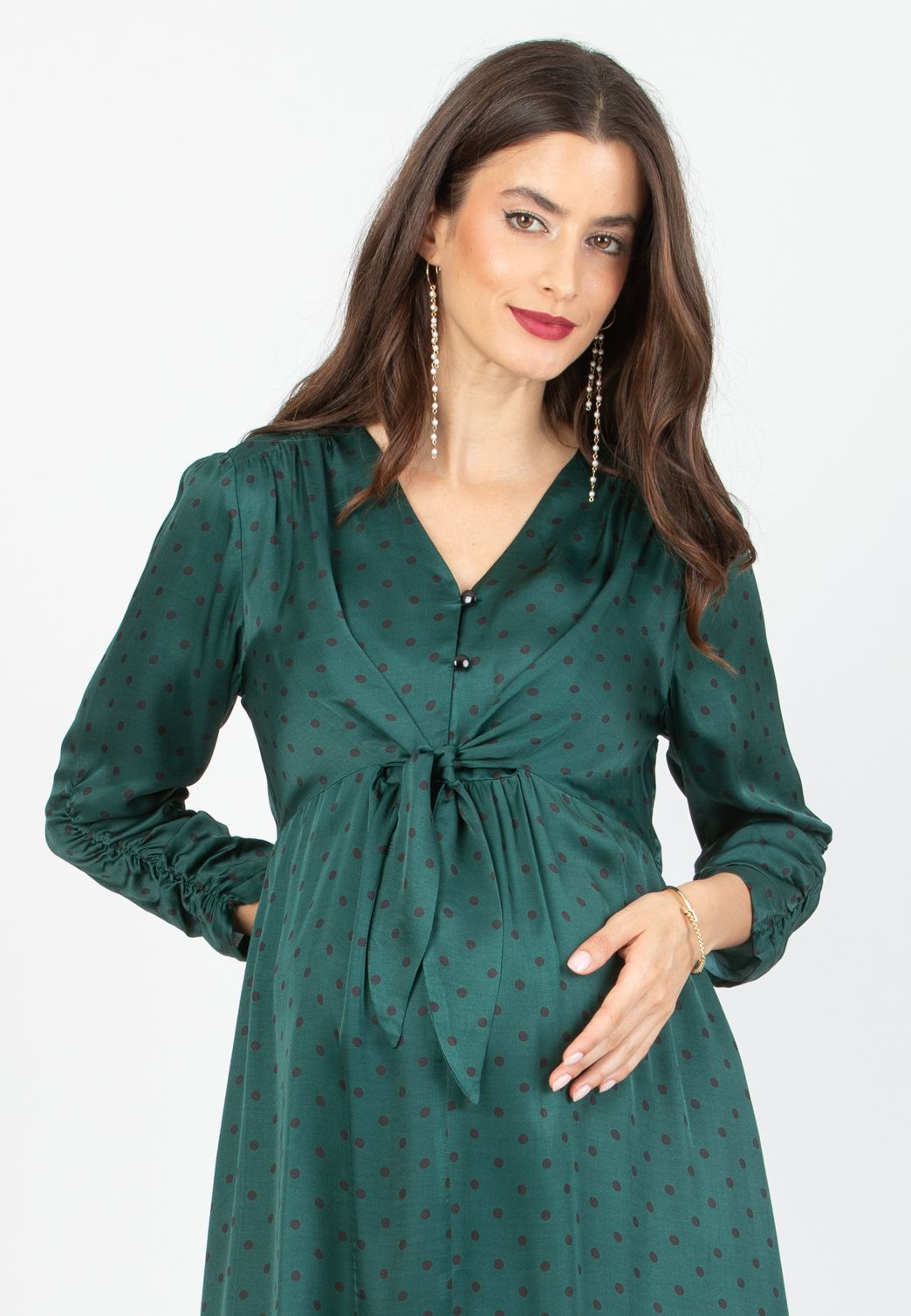 BELEN M/L - Abito Premaman & Allattamento in Viscosa a Pois con Corpino Annodato e Maniche 3/4 (Verde, XS)