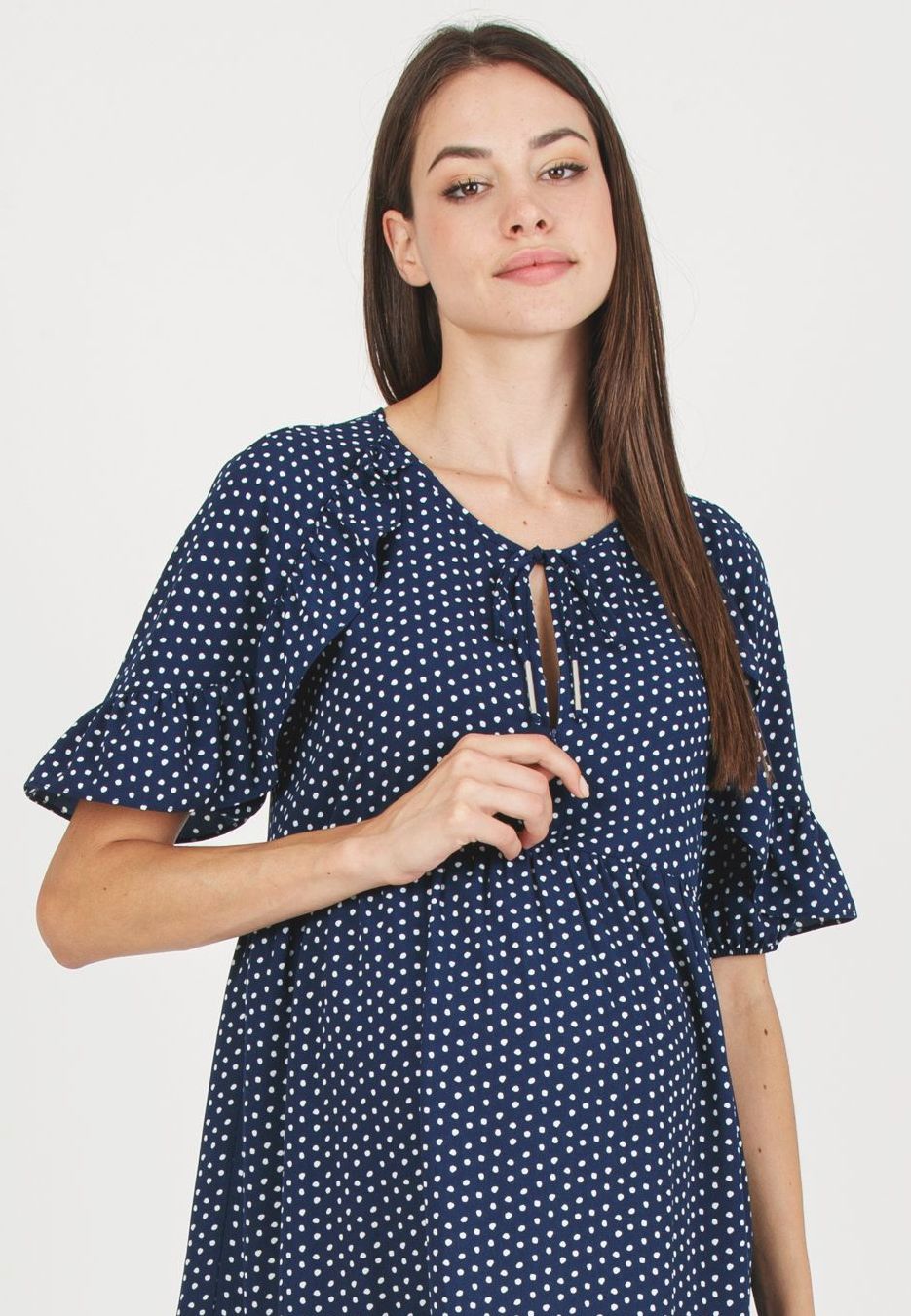 TINA - Maternity & Nursing Dress with Ruffles on the Sleeves and Flounced Skirt (Blue, XS)