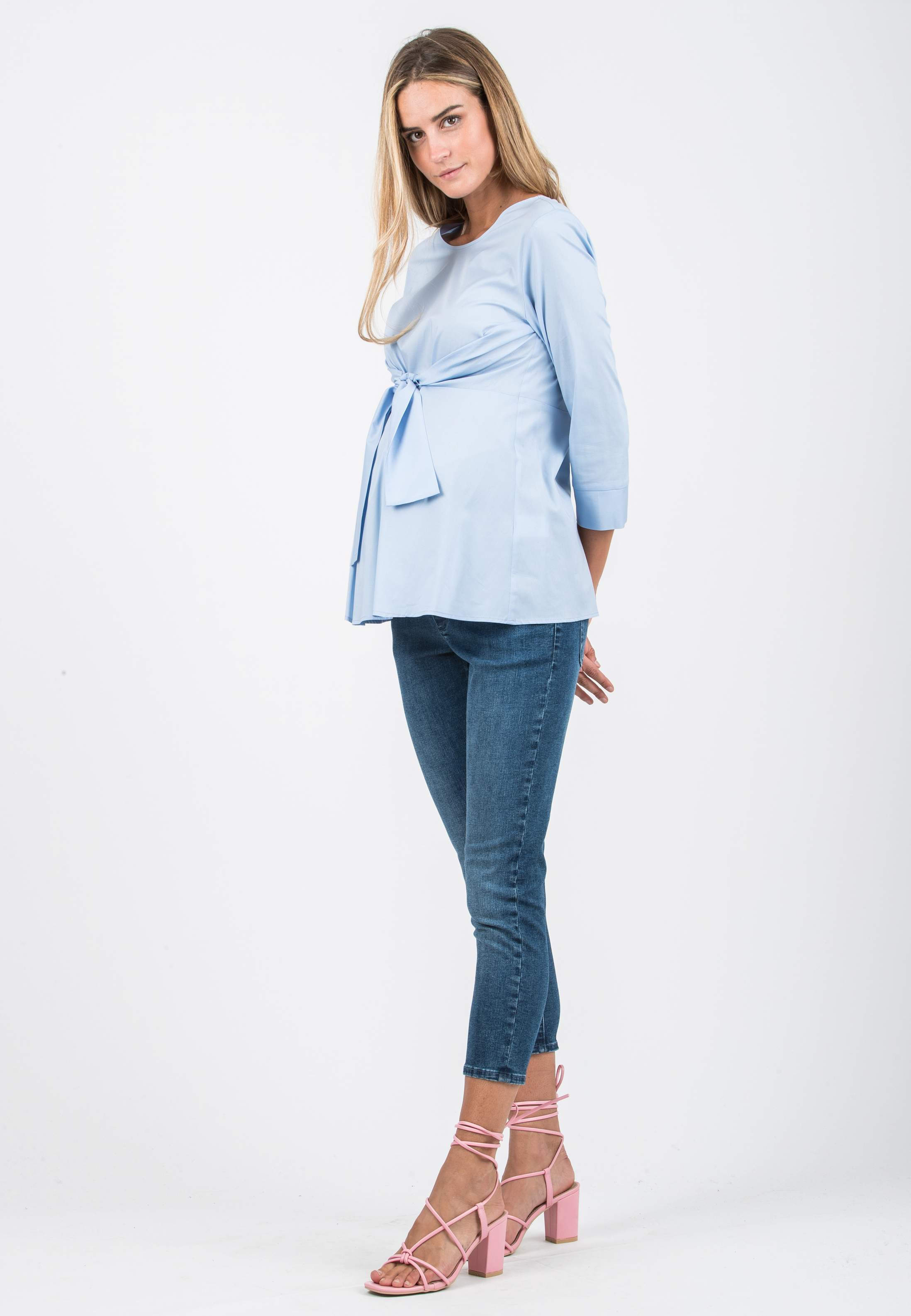 MATILDE - Poplin Maternity Blouse with Front Bow (Blue, XS)