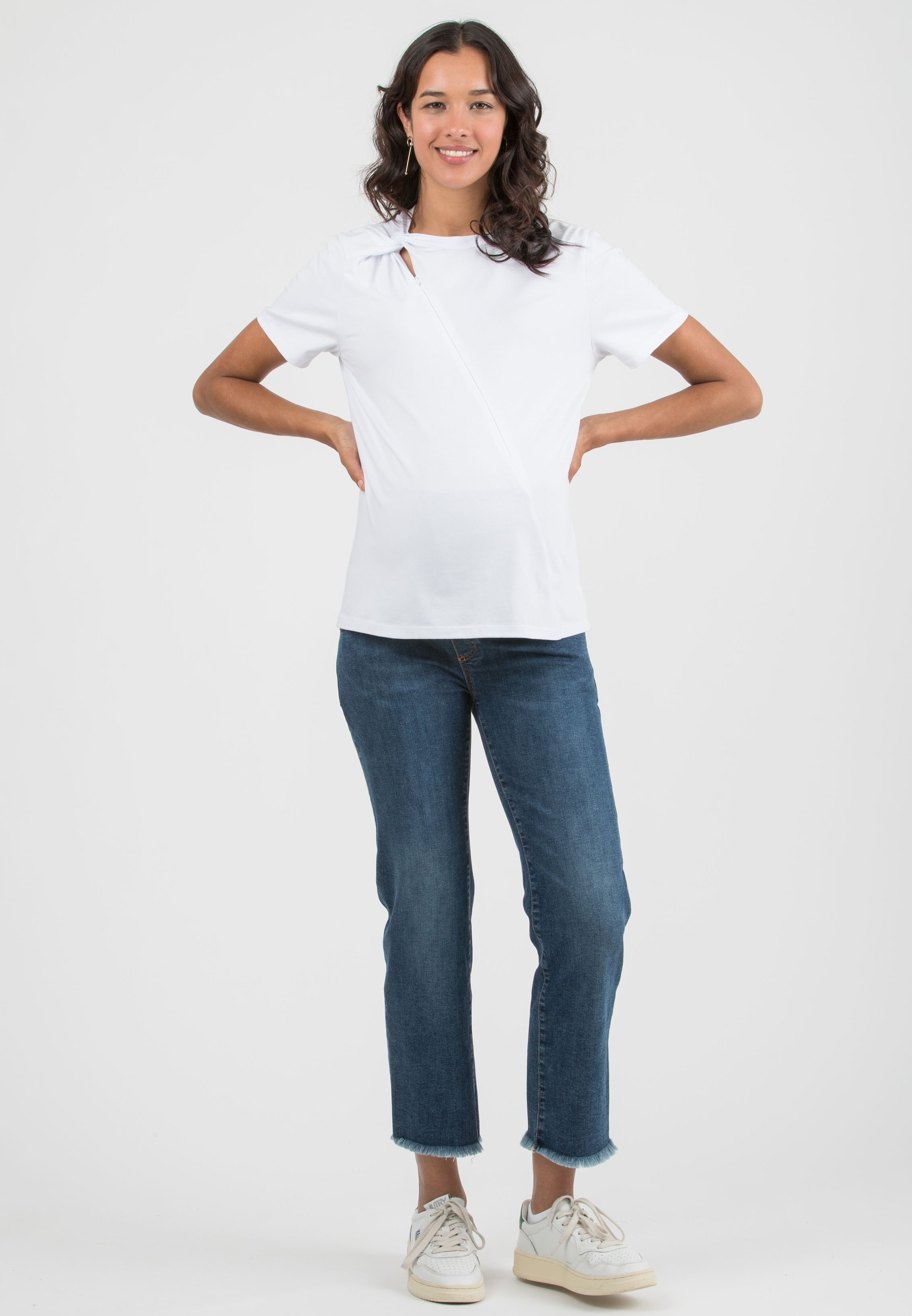 LINDSAY - Maternity Cotton Jersey T-Shirt with Side Knot and Nursing Zip (Bianco  Ottico)