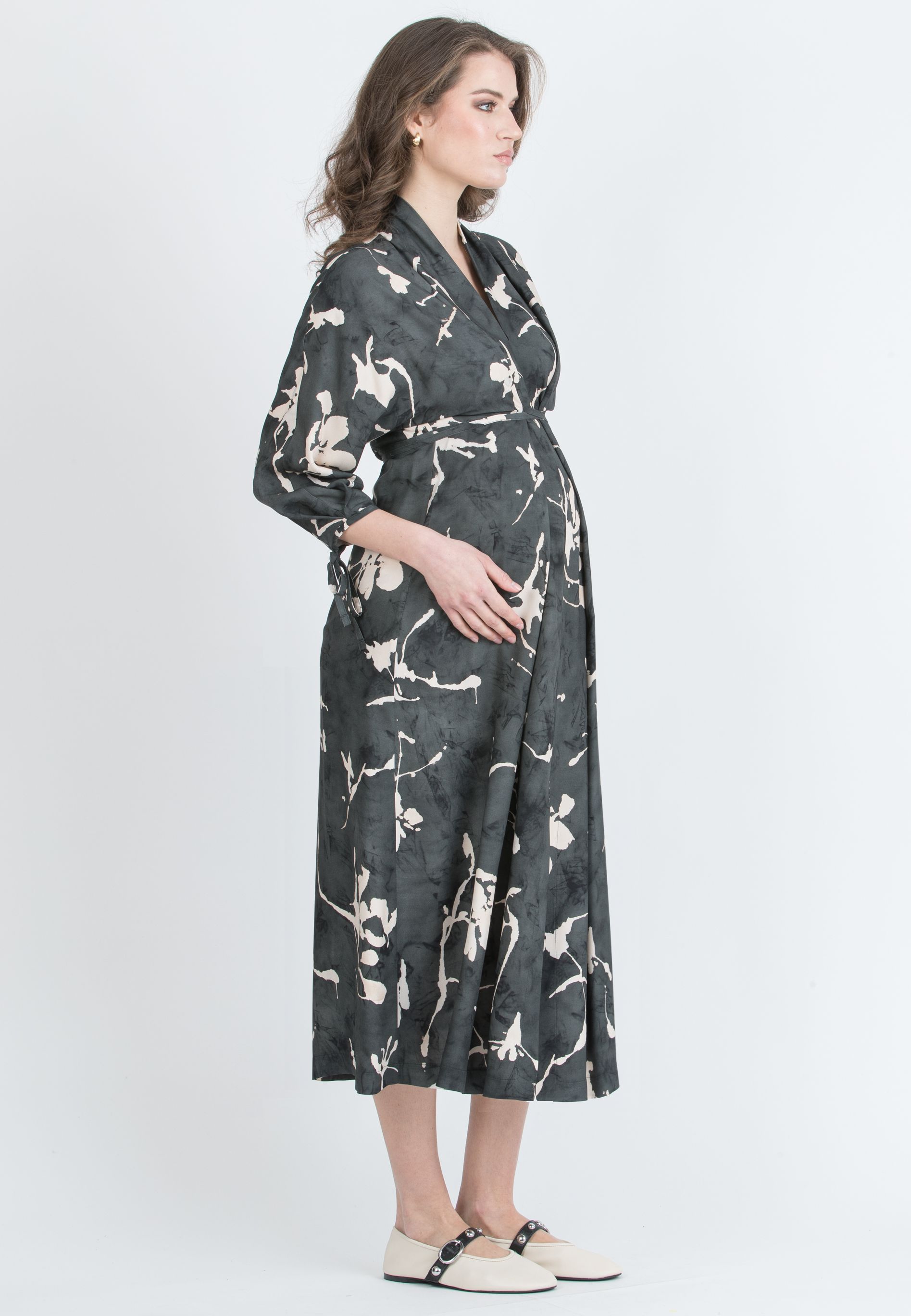 VIOLA – Maternity Kimono Dress in Viscose with Ties (Nero)