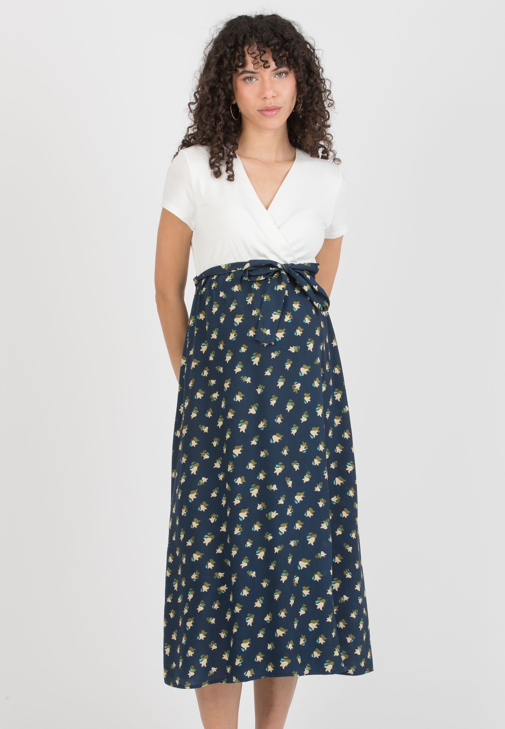 FEDERICA - Maternity Midi Dress with Crossed Neckline and Viscose Wrapped Skirt (Blu)