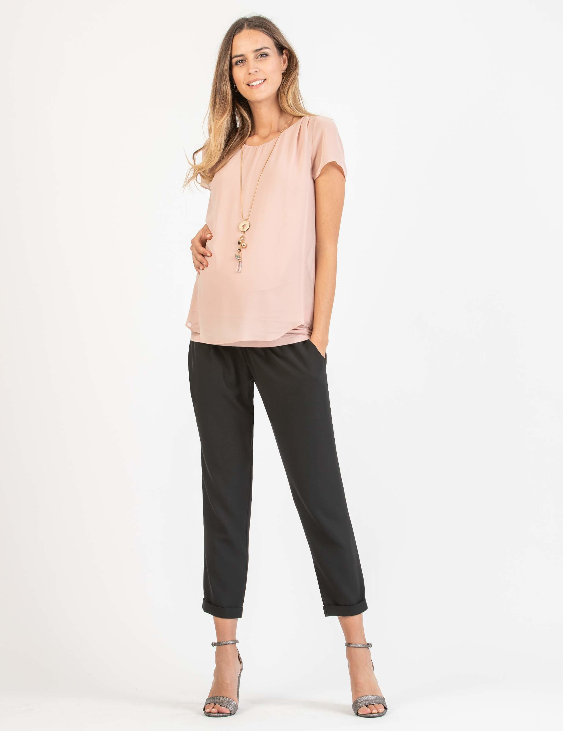 LAURA - Maglietta Premaman a Doppio Strato di Chiffon e Jersey (Rosa Confetto, XS)