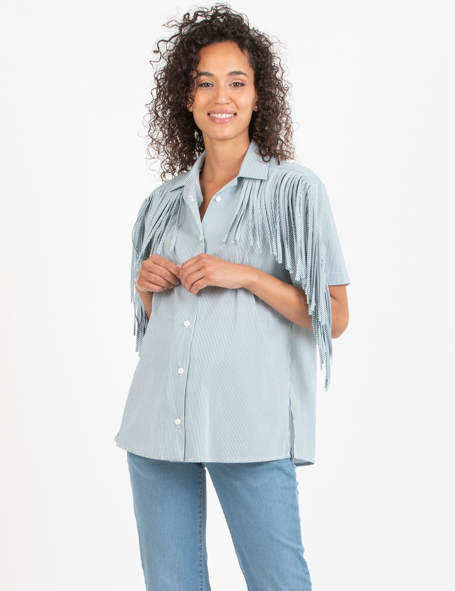 FRANCY - Camicia Premaman & Allattamento in Popeline di Cotone con Frange (Verde, XS)
