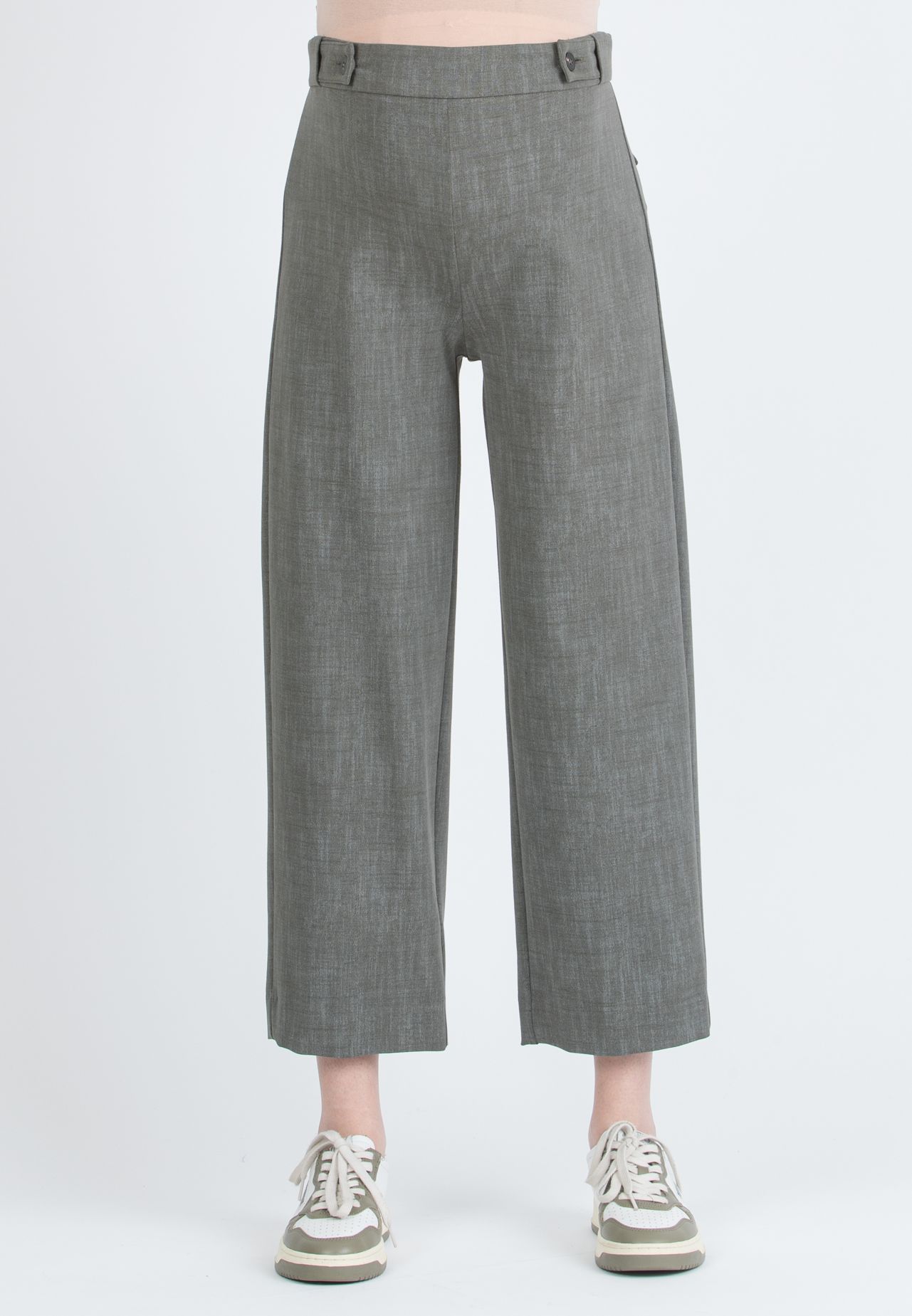 EVAN - Pantalone Premaman Ampio Cropped con Vita Regolabile a Bottoni (Verde Militare)